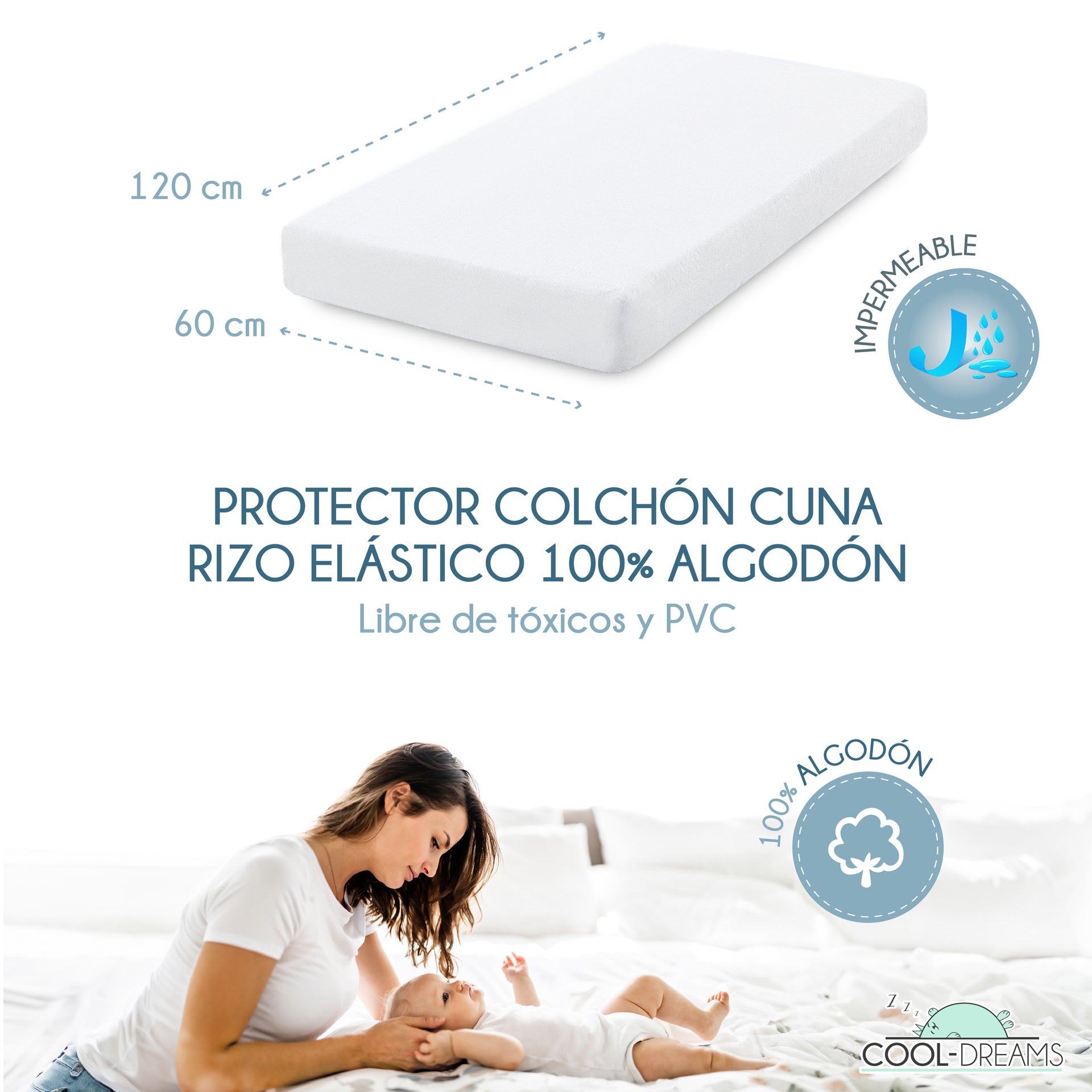 Protector de colchón para cuna 120x60 100% algodón e impermeable, hipoalergénico, anti-bacteriano y anti-acaros Fabricado 100% en España - 3