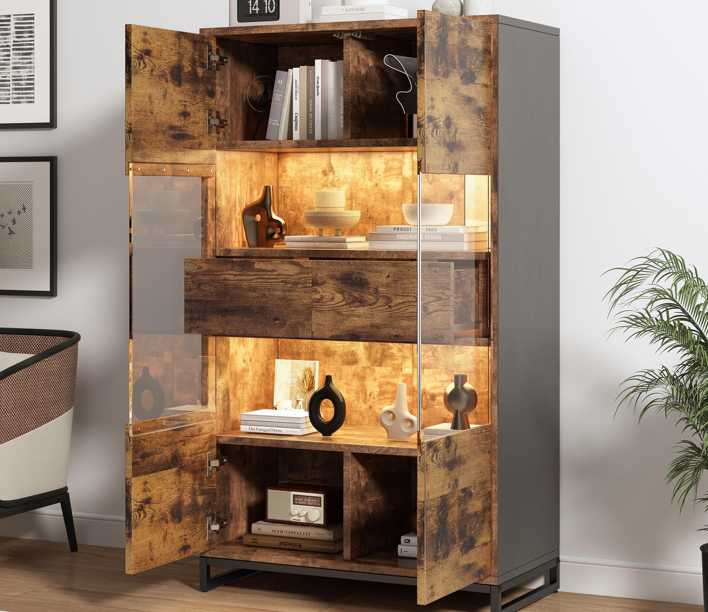 Modernluxe  Vitrina 80X40x138cm, Con Iluminación Led, Con 2 Cajones Y 2 Puertas, Con Panel Acrílico, Marrón , Leroy Merlin