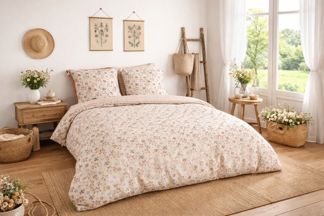 Parure de lit FLEURS Champêtre réversible - 240x220 / Beige
