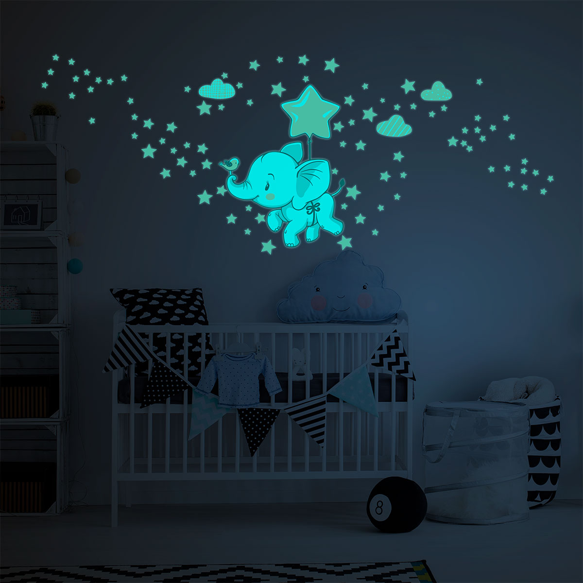 Adesivi fosforescente elefanti felici tra le nuvole + 120 stelle - Sticker adesivo - adesivi murali - 40x30cm - 7
