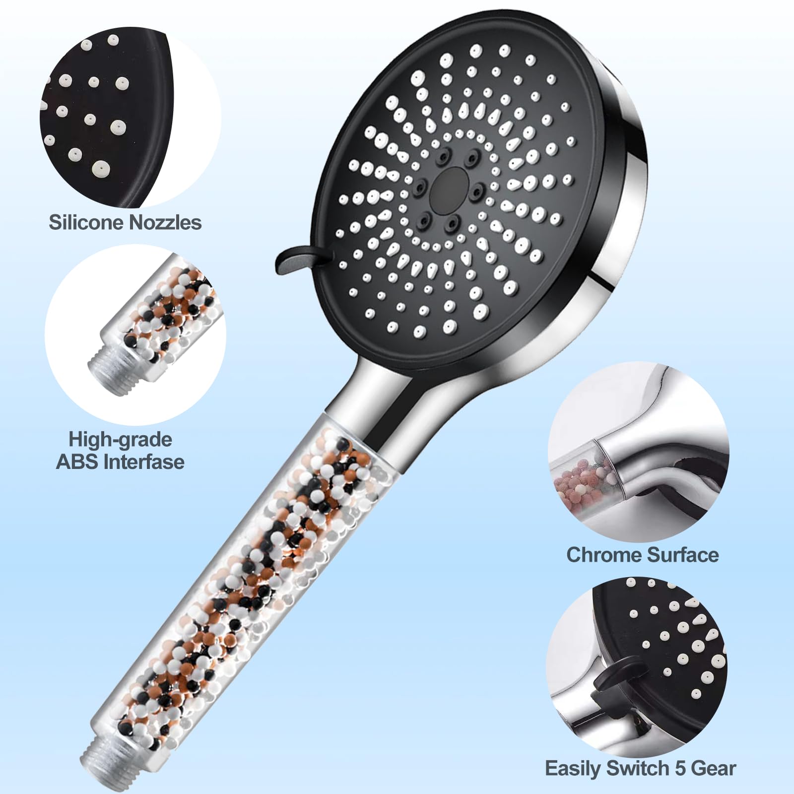 Pommeau de Douche,avec Filtre à Billes,5 Modes Spray,Pommeau de Douche Portatif à Grand Débit,Des Métaux Lourds,Des Impuretés,avec Tuyau de 1.5M - 7