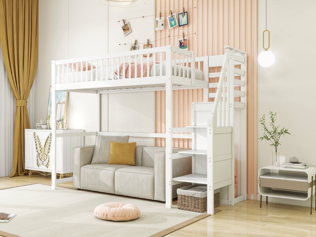 Lit mezzanine 90 x 200 cm avec armoire ouverte - Bois massif + contreplaqué + MDF - Blanc (sans matelas) - 4