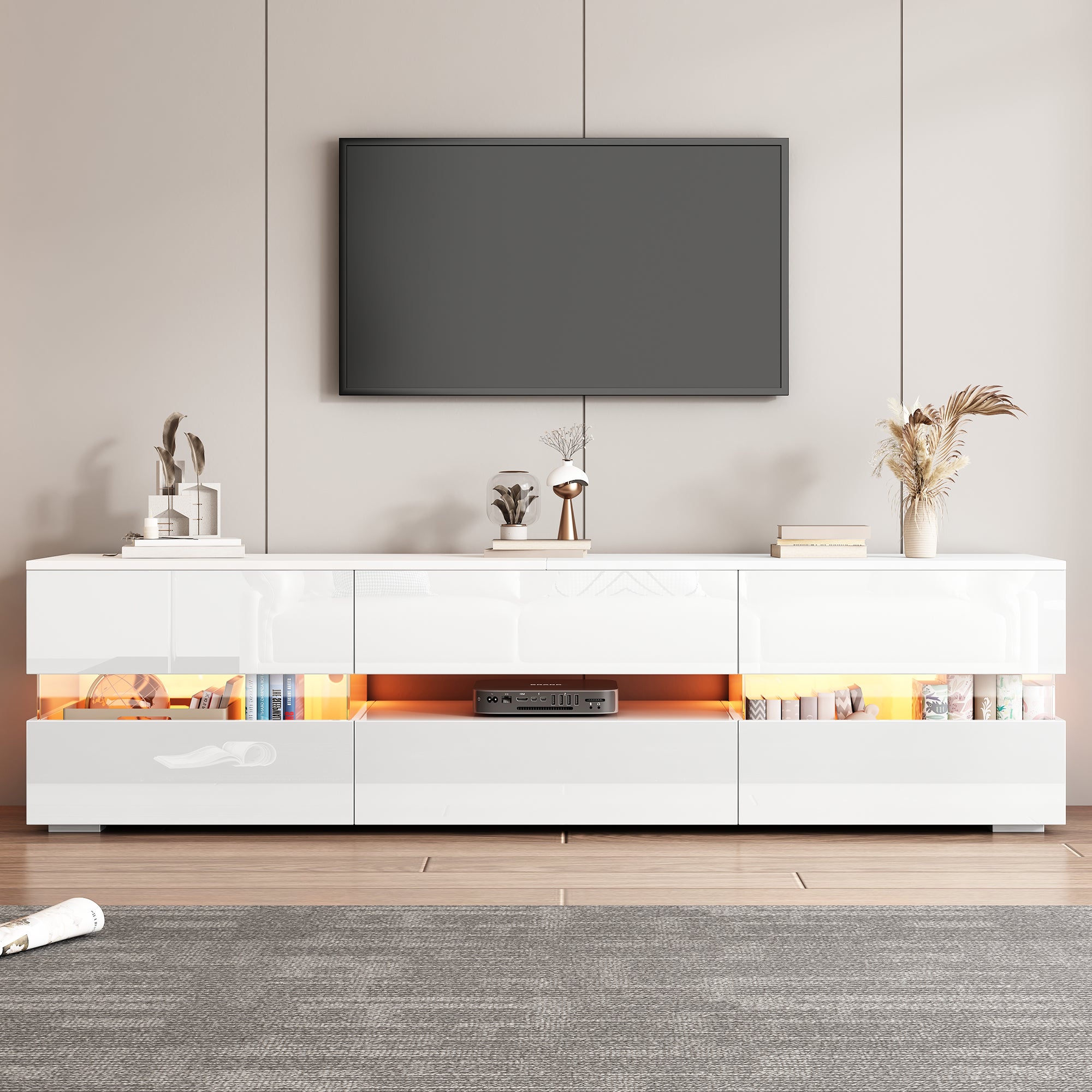Meuble TV avec 2 portes, 2 tiroirs, compartiment ouvert - 160 x 39 x 45 cm - Panneau de particules - LEDs - Blanc brillant - 6