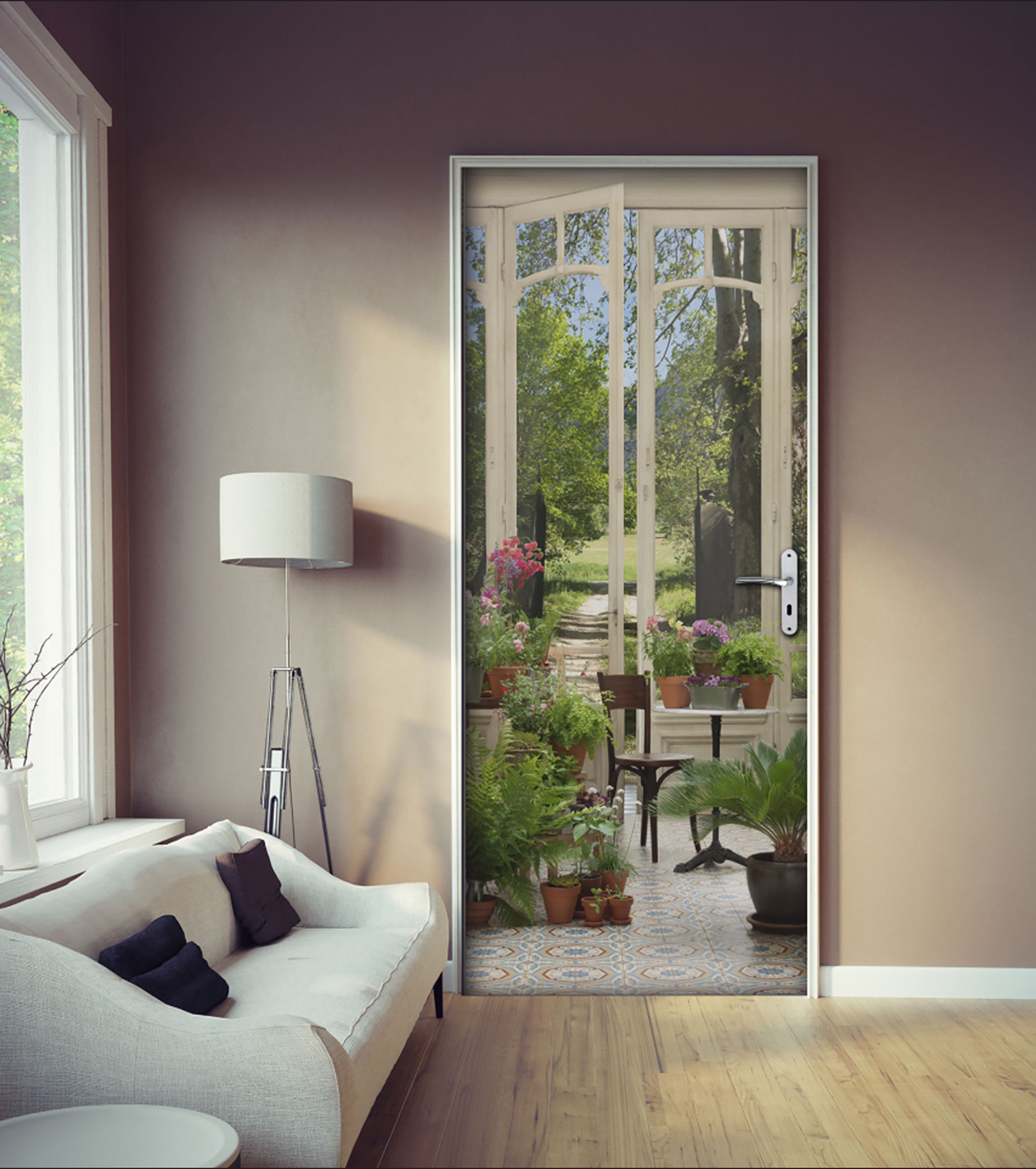 Pegatina de la puerta, jardín de invierno trompe l'oeil, habitación vieja con acceso al jardín, 204 cm x 73 cm