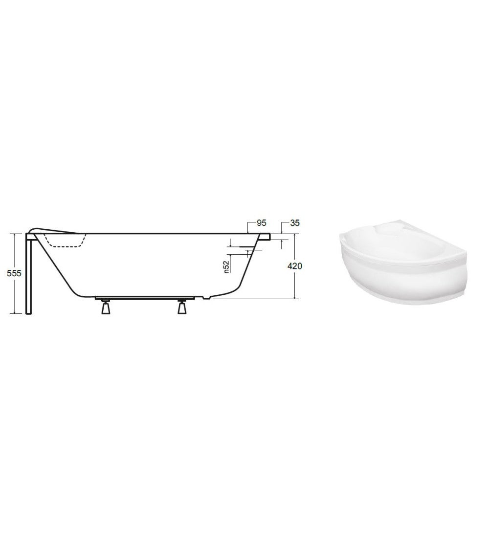 Baignoire d'angle asymétrique NOVA Gauche avec tablier - Dimensions: 155 CM - 4
