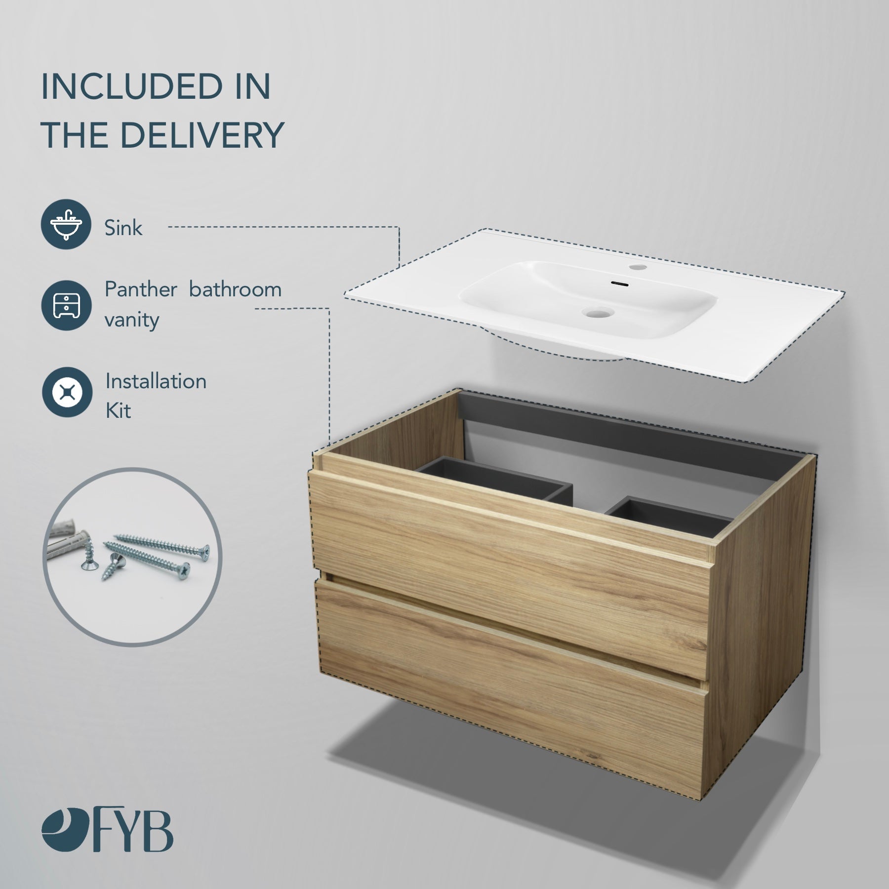 Feel Your Bath, Meuble Salle de Bain Couleur Bois 100cm avec Vasque en Céramique Blanc Brillant – Élégant et Facile à Poser - 4