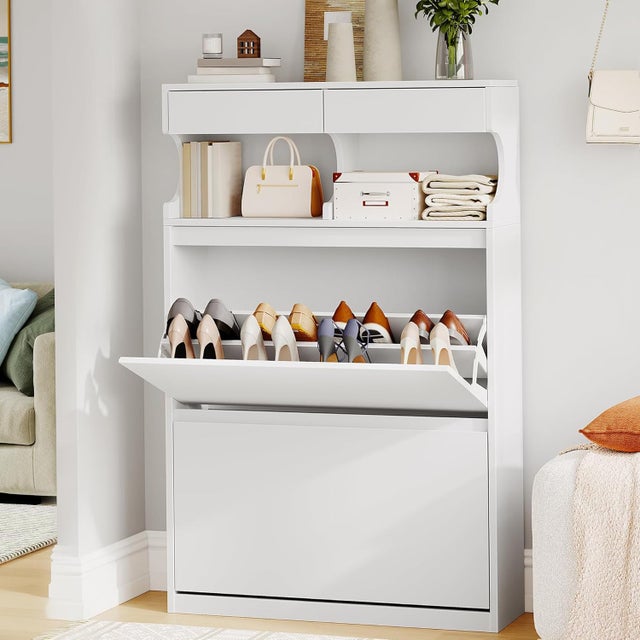 Mueble Zapatero Madera, Estrecho Zapatero Entrada Recibidor, 2 Puertas y Estantes Ajustables para 16 Pares Armario, 2 Cajones,Blanco