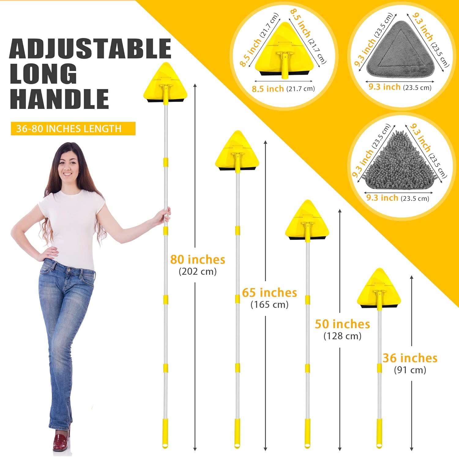 Balai Plafond Triangulaire avec 208 cm Longue Poignée, Dernier cri 180°Serpillère Pliable avec 6 Microfibre Chenille Pads pour Mur, Plafond (Jaune) - 3