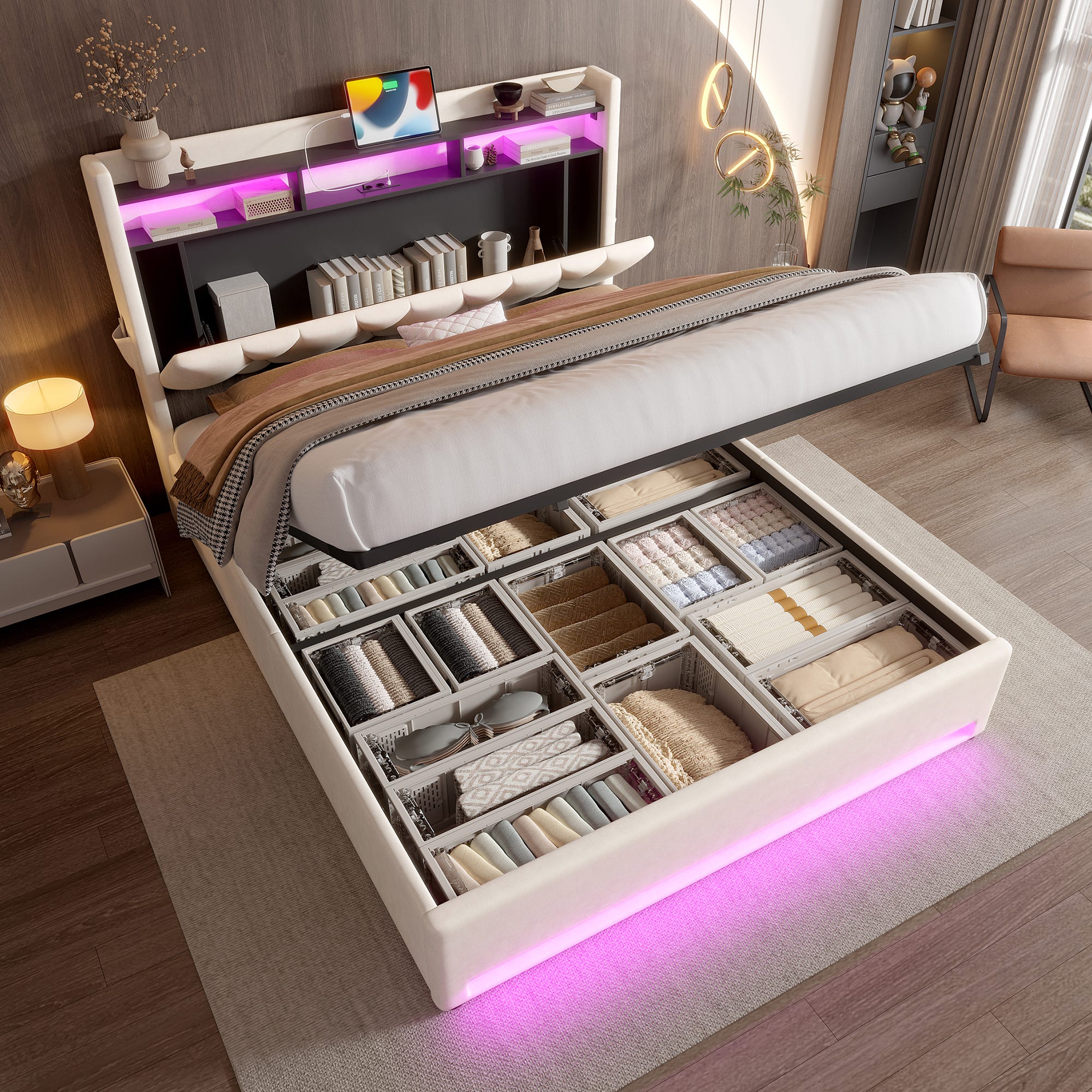 Cama Tapizada 160x200cm (Beige) - LED+USB-C, Compartimento Hidráulico ...