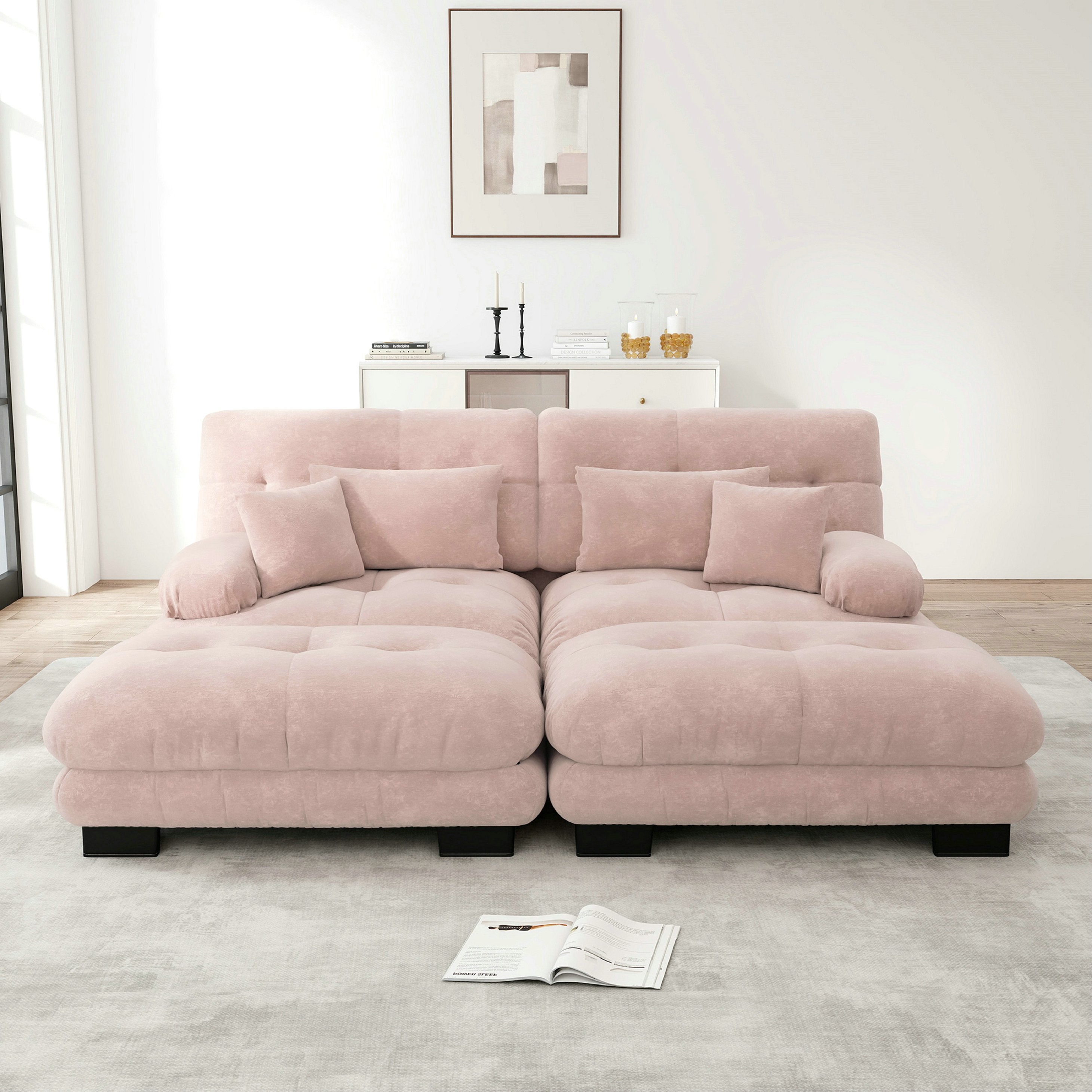 Canapé d\'angle deux places, avec 2 coussins lombaires et 2 coussins décoratifs, avec larges accoudoirs et 2 poufs – chenille rose - 3