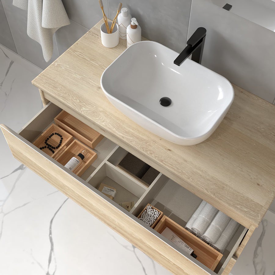 Meuble de salle de bain 2 tiroirs avec vasque à poser arrondie BALEA et miroir rond Led SOLEN - Bambou (chêne clair) - 70cm - 3