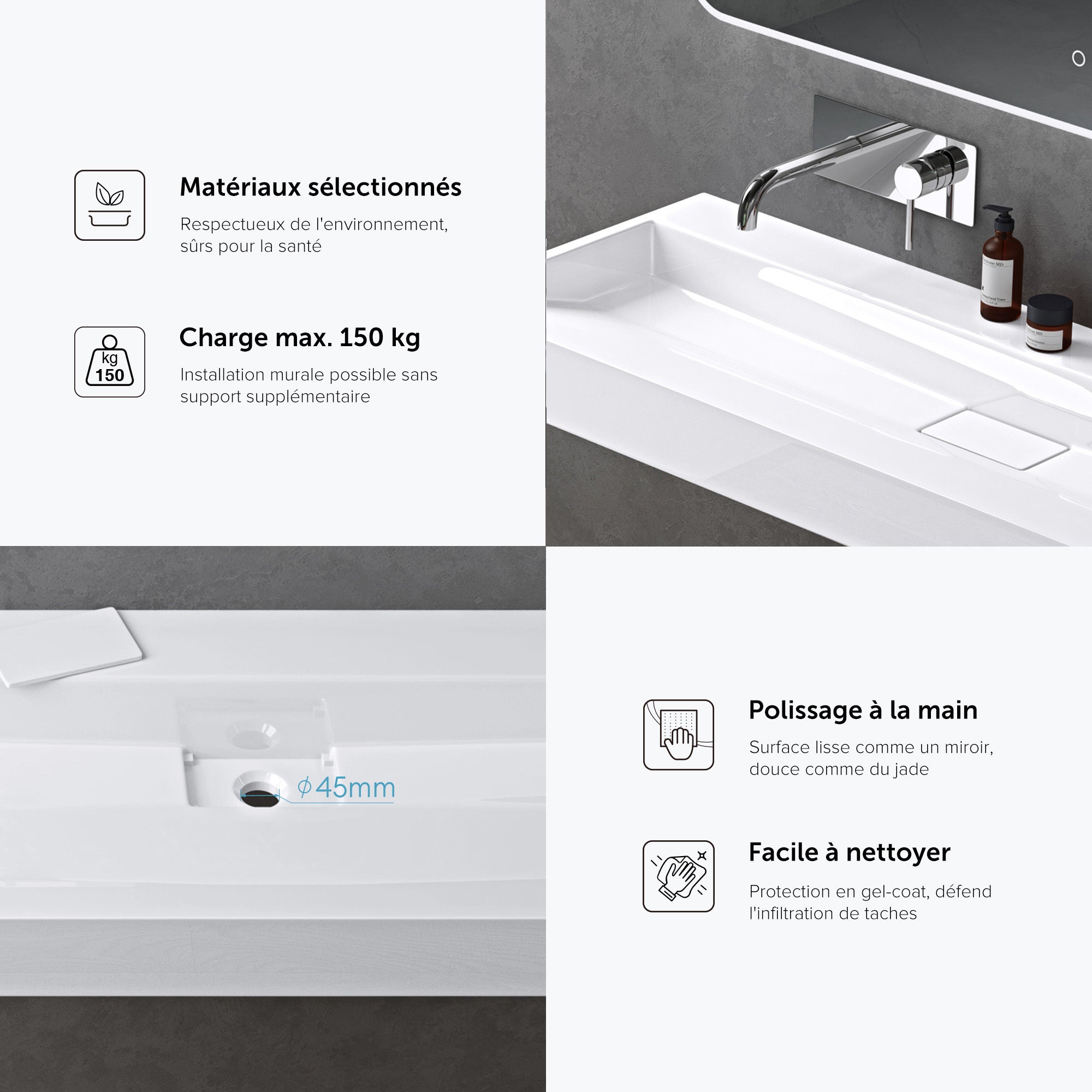 doporro Lavabo Suspendu avec Bonde Vasque à Poser Blanc 120x46x11cm Lave Mains Rectangulaire Colossum19 - 6