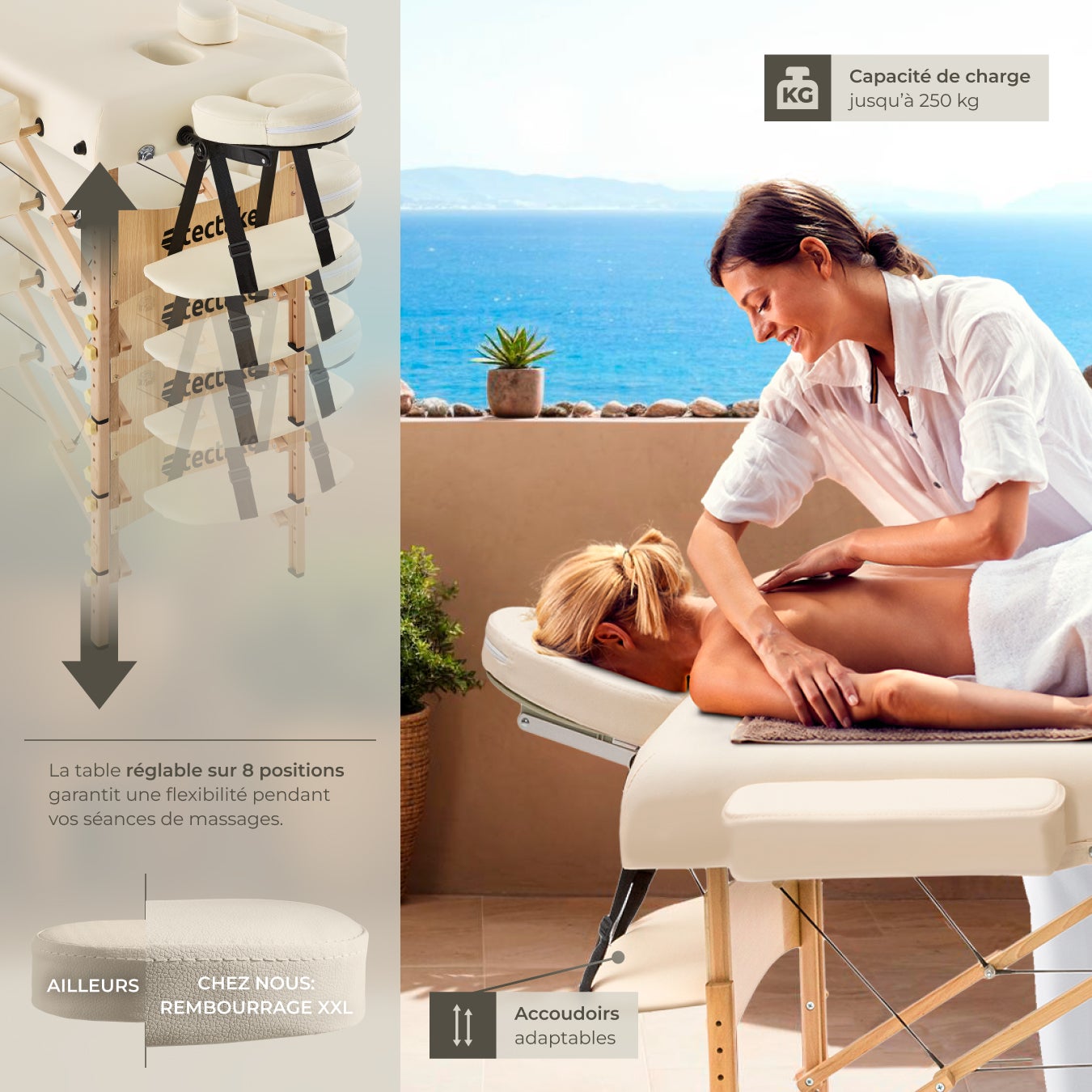 Table de massage 2 zones en bois et cuir synthétique pliable et réglable en hauteur TECTAKE - 4