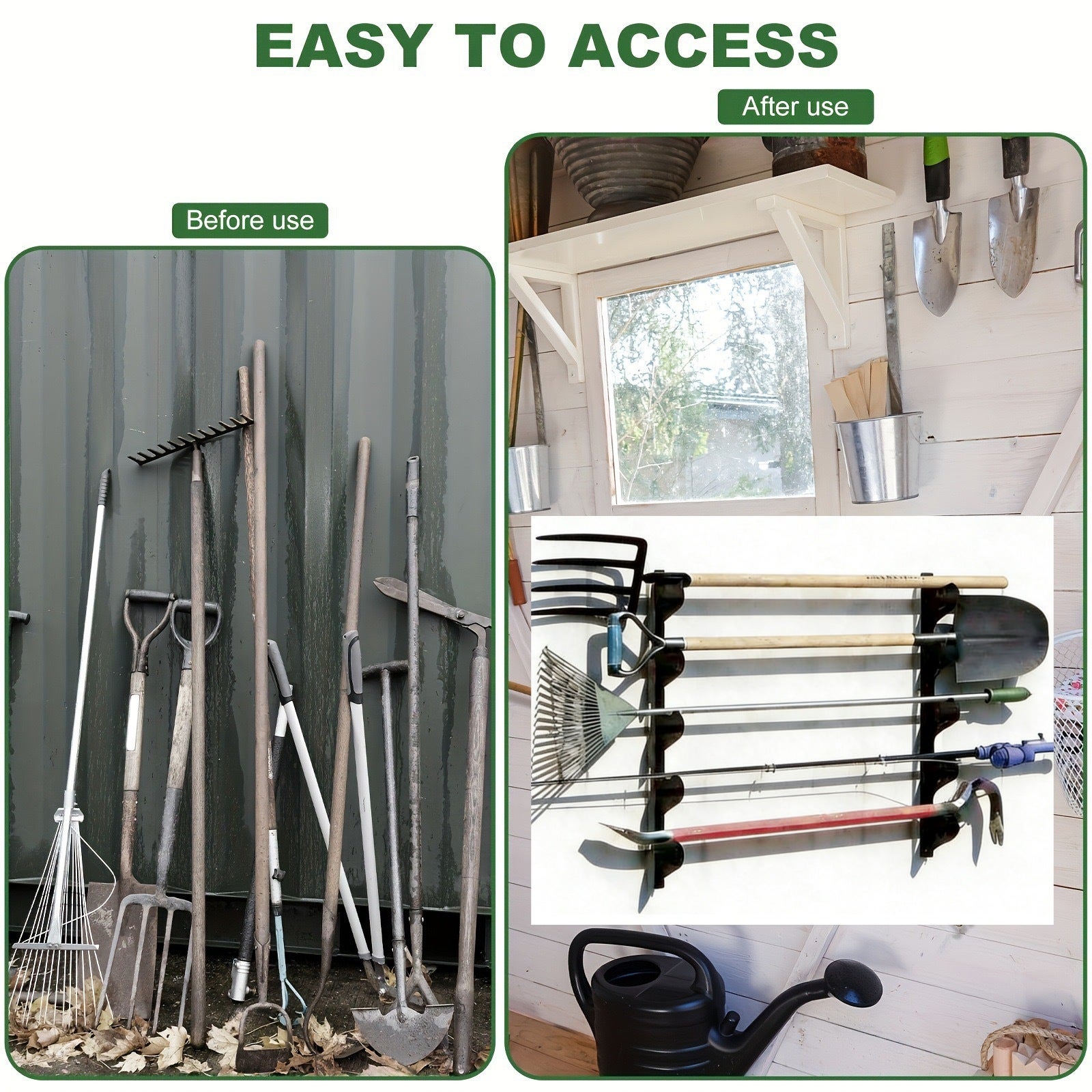 Organisateur d'outils de garage horizontal en acier robuste, support mural pour outils de jardin, pelles, râteaux, balais, capacité 100 lb - 2