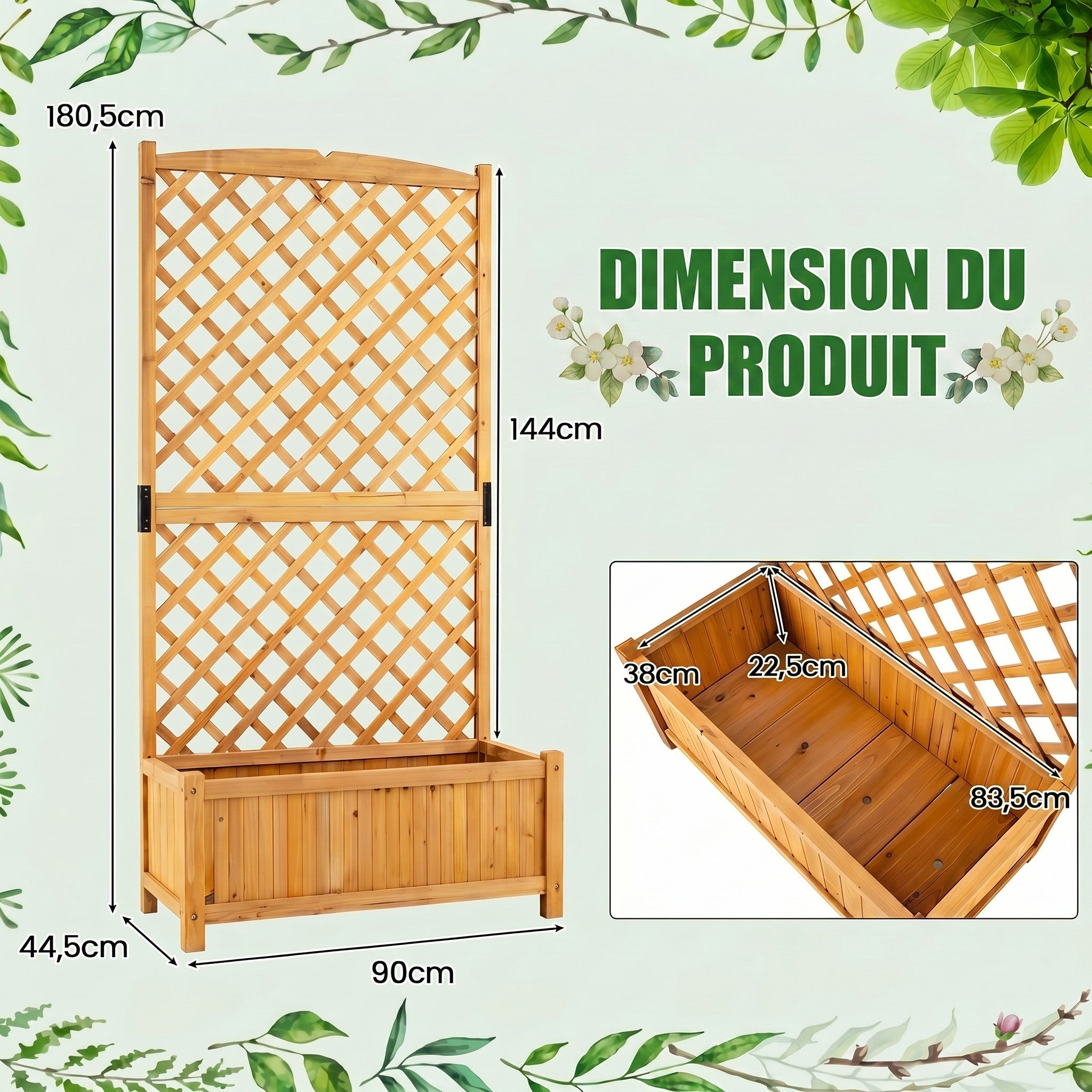 Jardinière avec Treillis en Bois de Sapin avec Trou de Drainage, Bac à Fleurs pour Plante Grimpante Vigne, 90 x 44,5 x 180 cm, Naturel - 3