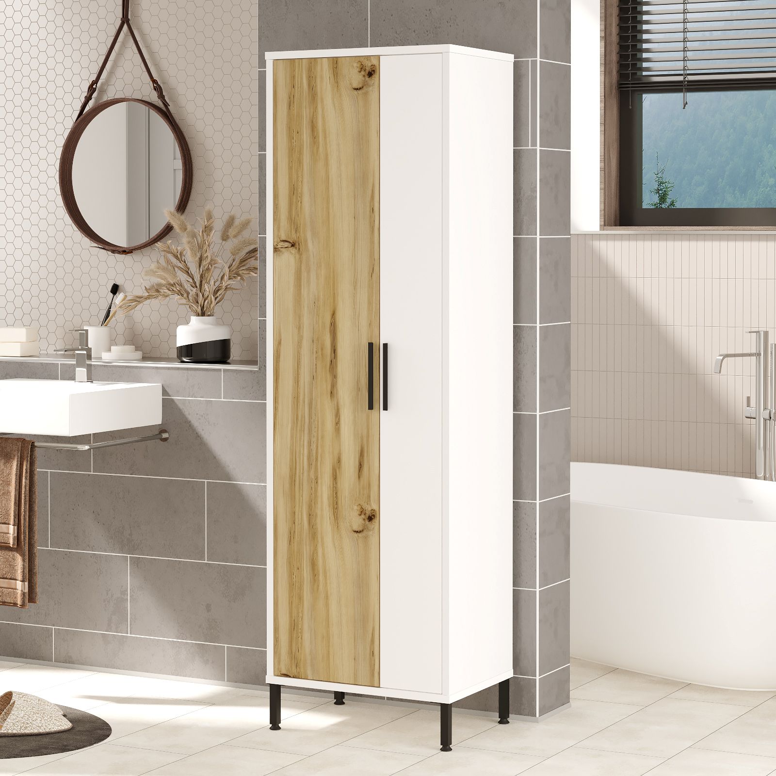 Colonna Bagno Multiuso Con Vano Portascope 50x36x165H Rovere E Bianco Daisy - 3