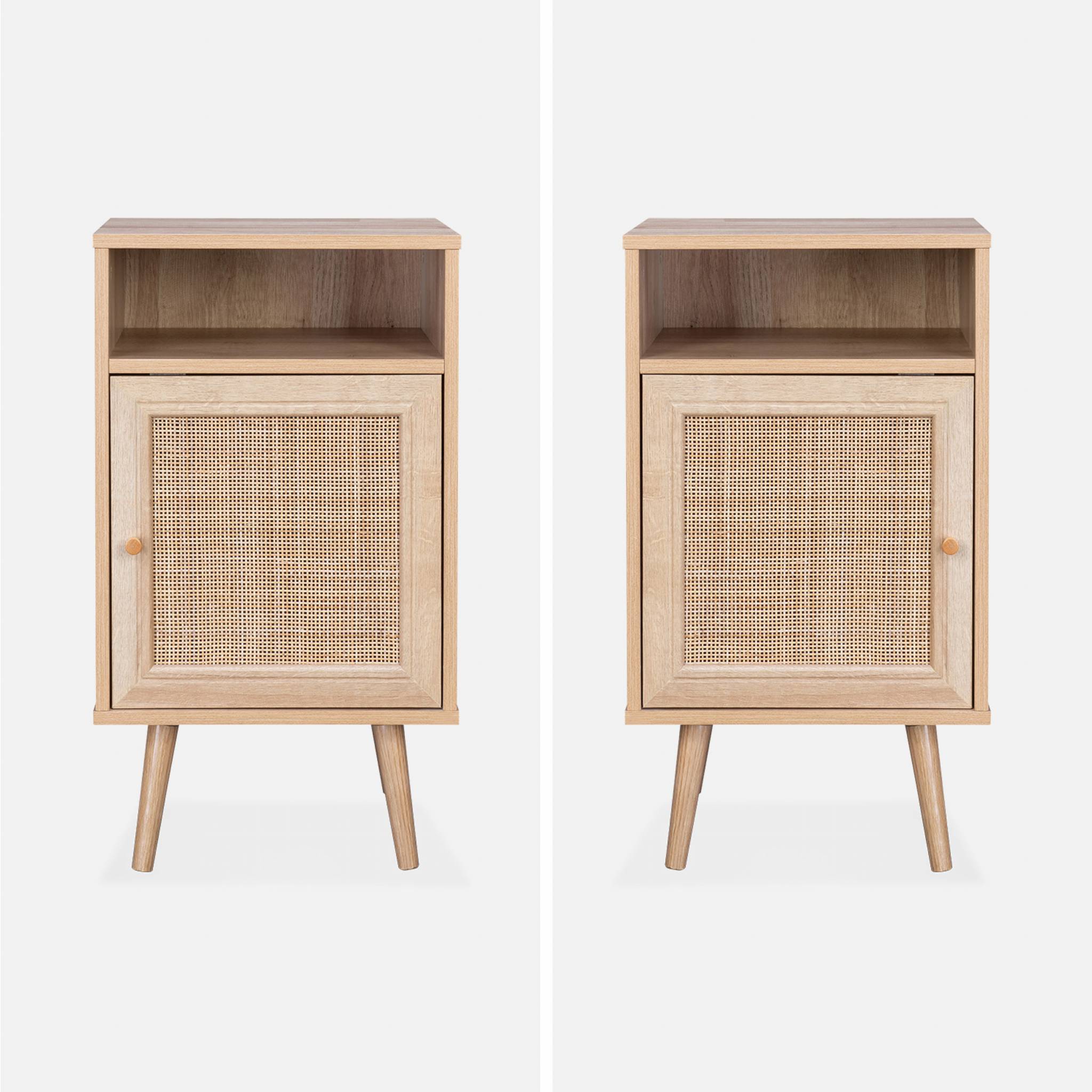 Lot de 2 tables de chevet en cannage - Bohème - 40x39x70cm Naturel - 2 niveaux - 1 portes - 1 espace de rangement - pieds scandinaves - 7