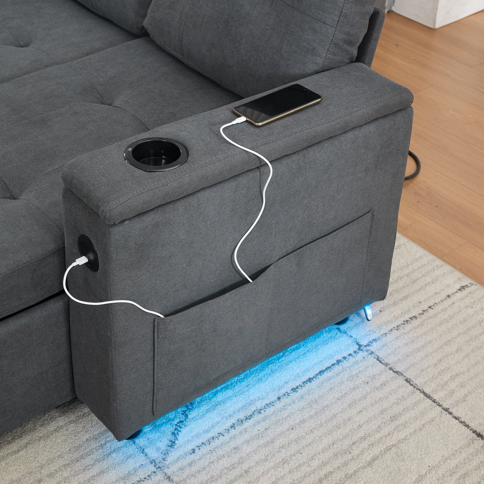 Sofa narożna 3-osobowa z funkcją spania - 208 x 146 x 89,5 cm - Diody LED i gniazdo ładowania - Wyściółka z włókniny i pianki - Szara - 2