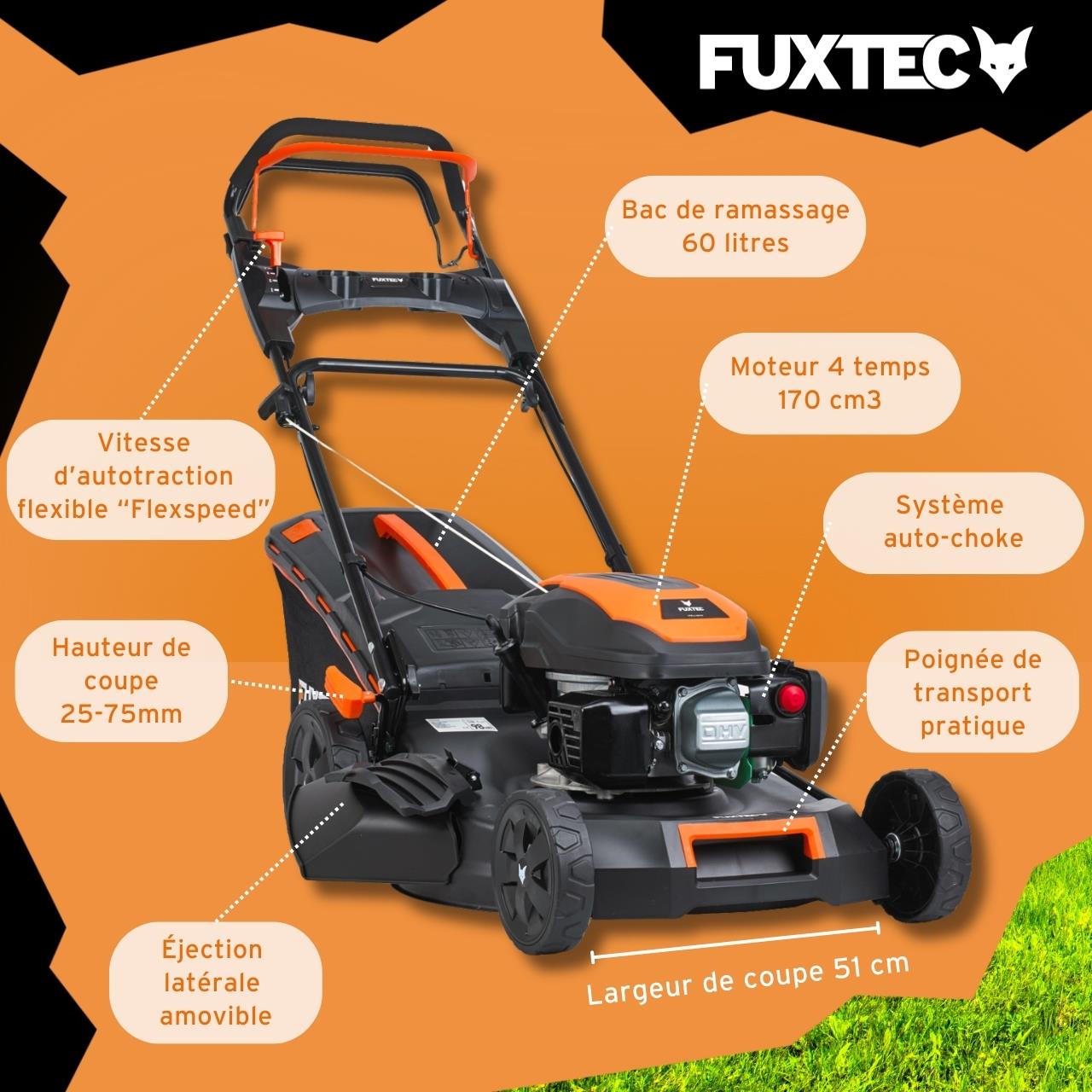 Tondeuse à Gazon Thermique Autotractée 170 cm³ 51 cm - Vitesse Réglable, Bac 60L, Easy Clean - FX-RM5170PRO - FUXTEC - 6