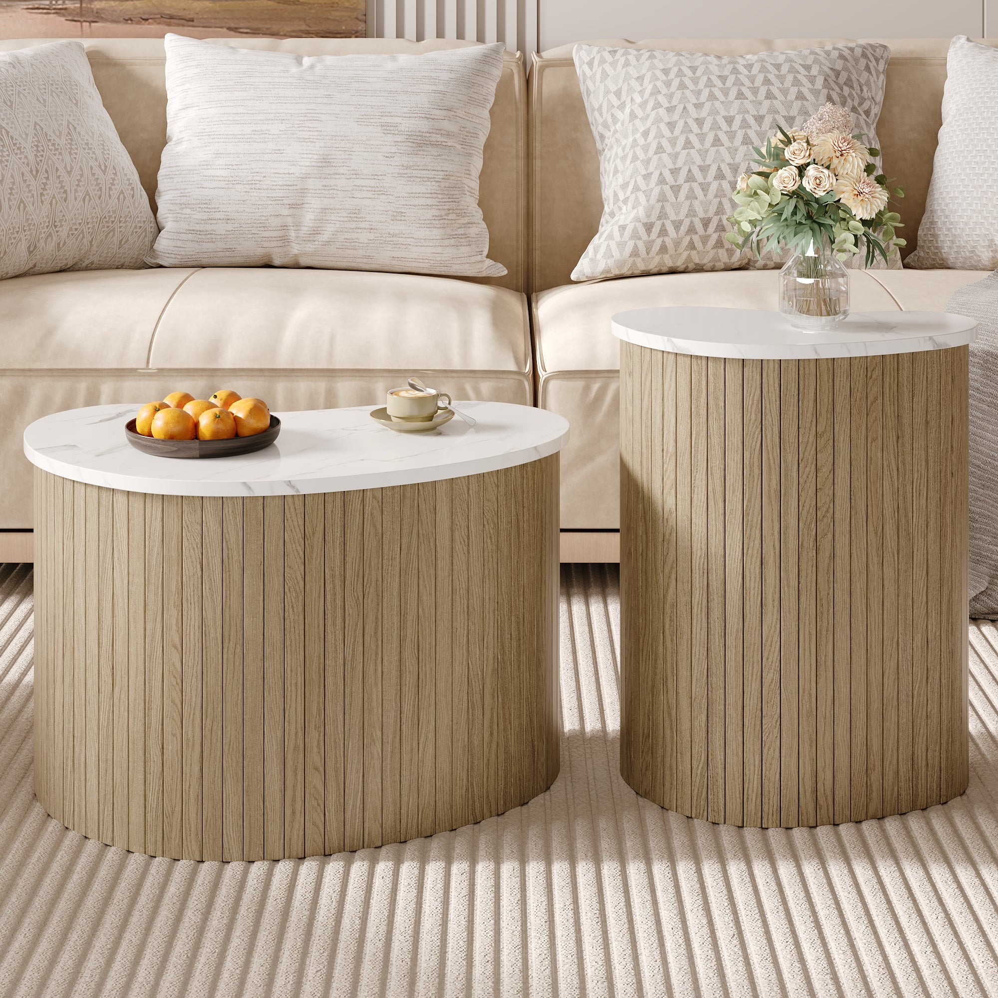 Zestaw 2 okrągłych stolików kawowych - 60 x 38 cm + 40 x 50 cm - Efekt marmuru - MDF - Naturalny + biały