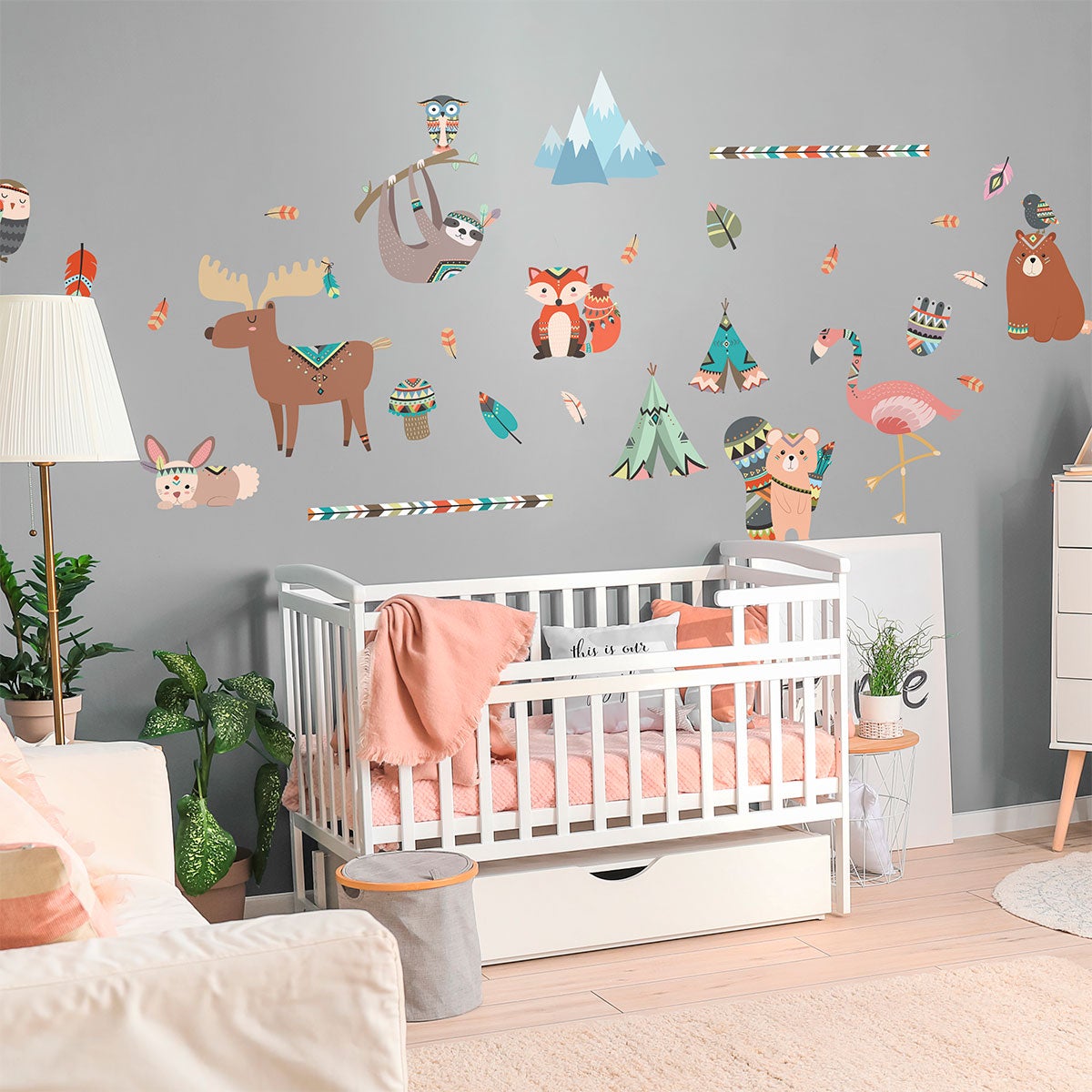 Vinilos de plumas y animales indios - adhesivo de pared - revestimiento sticker mural decorativo - 90x135cm