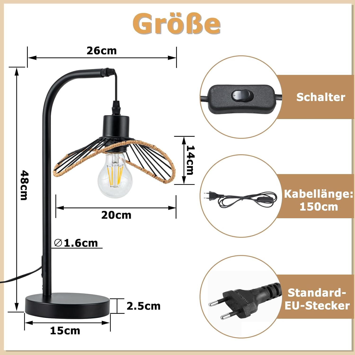 ZMH Lampa biurkowa E27 w kolorze czarnym w stylu vintage do sypialni - 2
