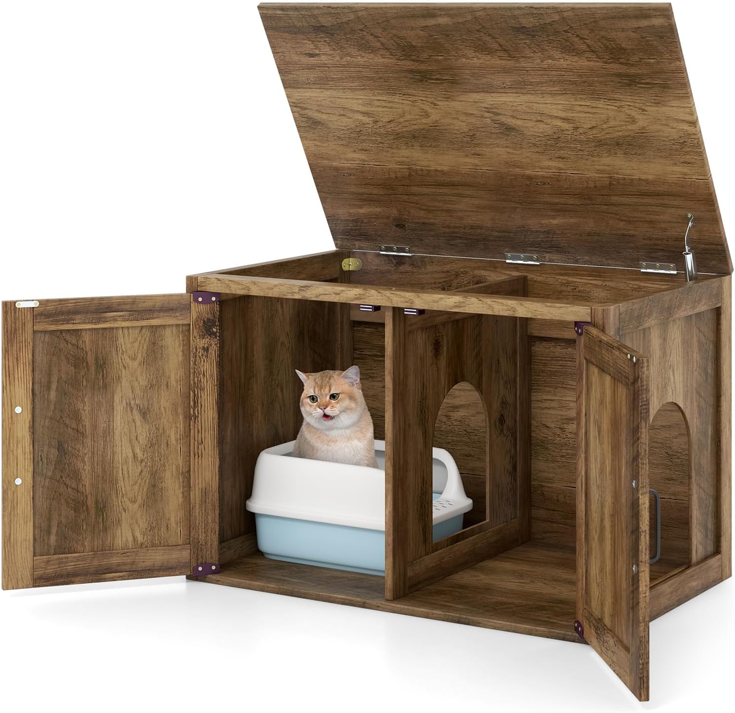 Mebel Litere Chat 4 w 1 z 2 Wejściami Bocznymi, 80 x 54 x 53.5 cm, Toaleta dla Kota z 2 Drzwiami, Duży Regał o Nośności 30 kg, Przegroda