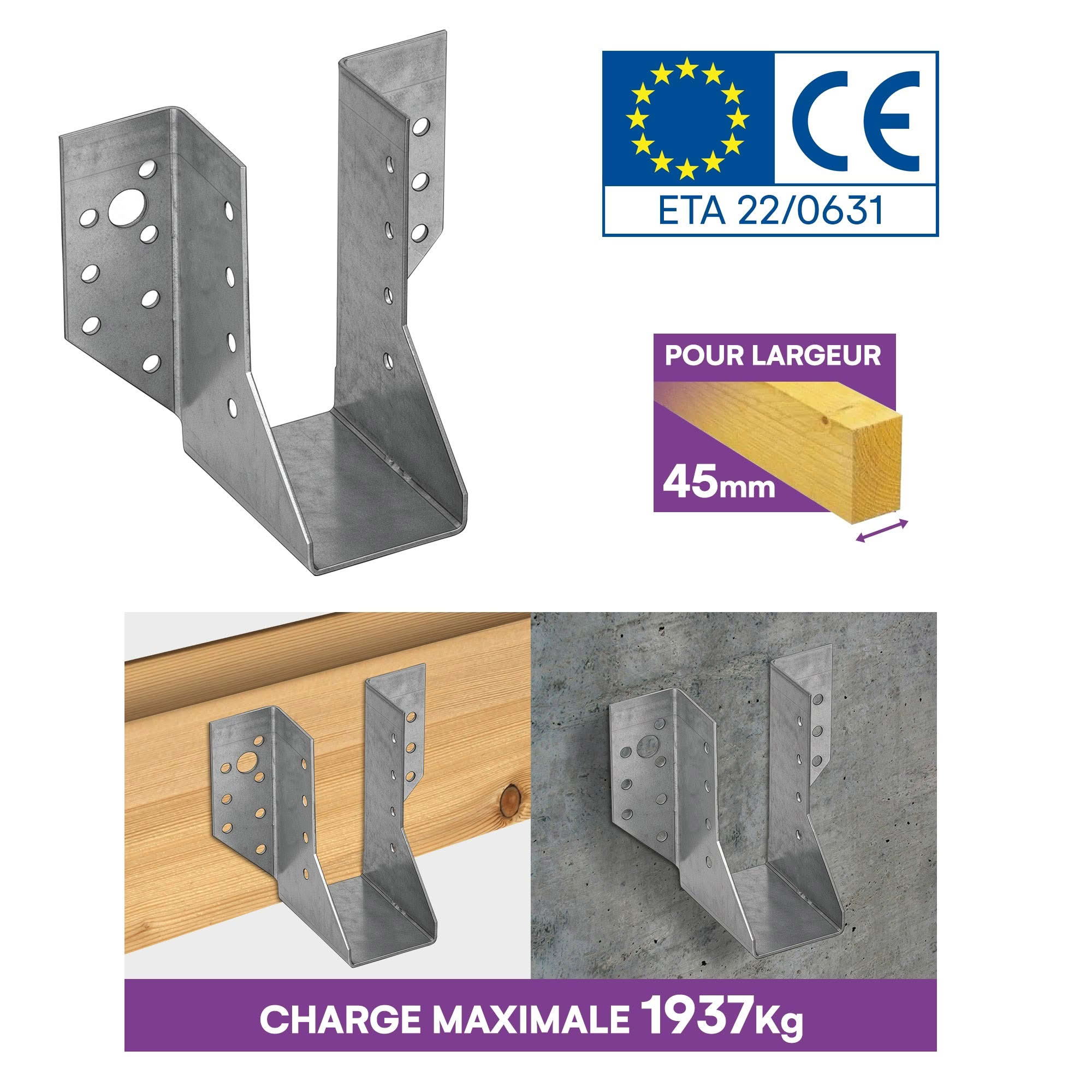 10 sabots de charpente à ailes extérieures - Connecteurs de poutres - Acier galvanisé - Larg 45 x Ht 110 mm - Fabriqué en Europe - 4