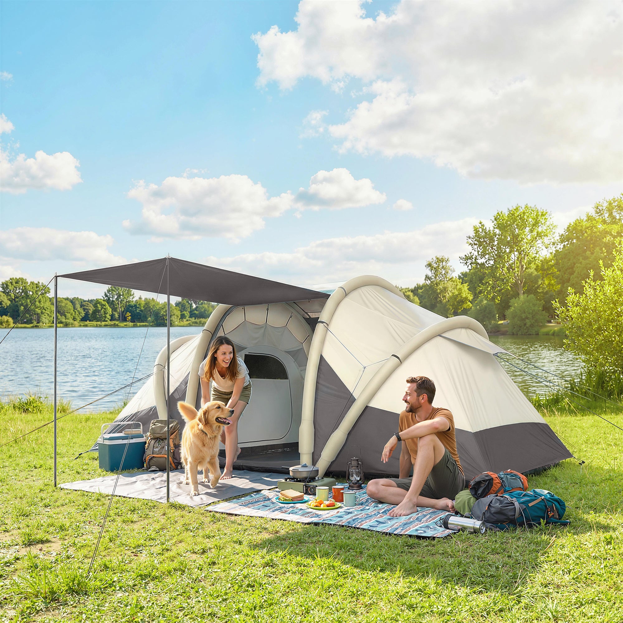 Tente Gonflable Camping 2-4 Personnes avec Pompe 2 Chambres et Séjour Imperméable 3000mm 485x245x188cm Gris - 3