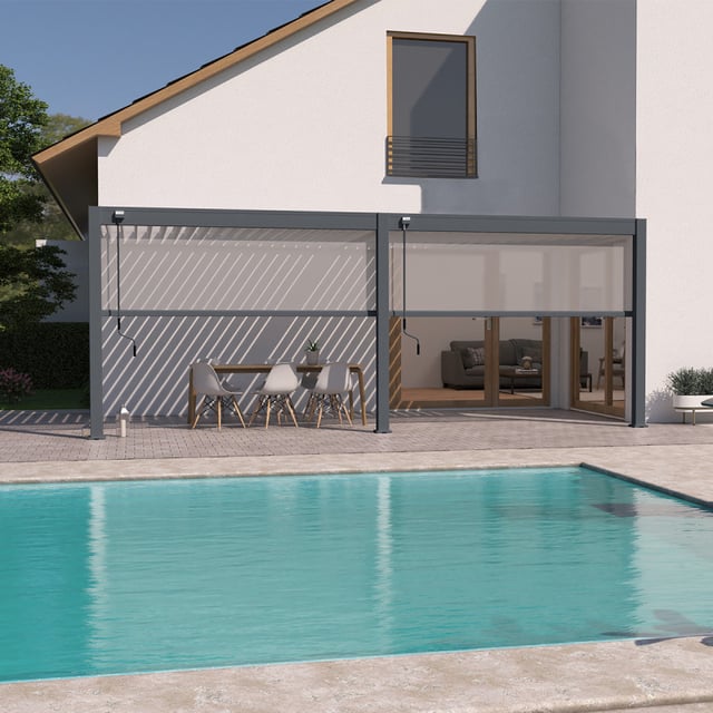 Pergola bioclimatica Ombréa addossata VS - 3x6M bicolore + 2 tende antracite
