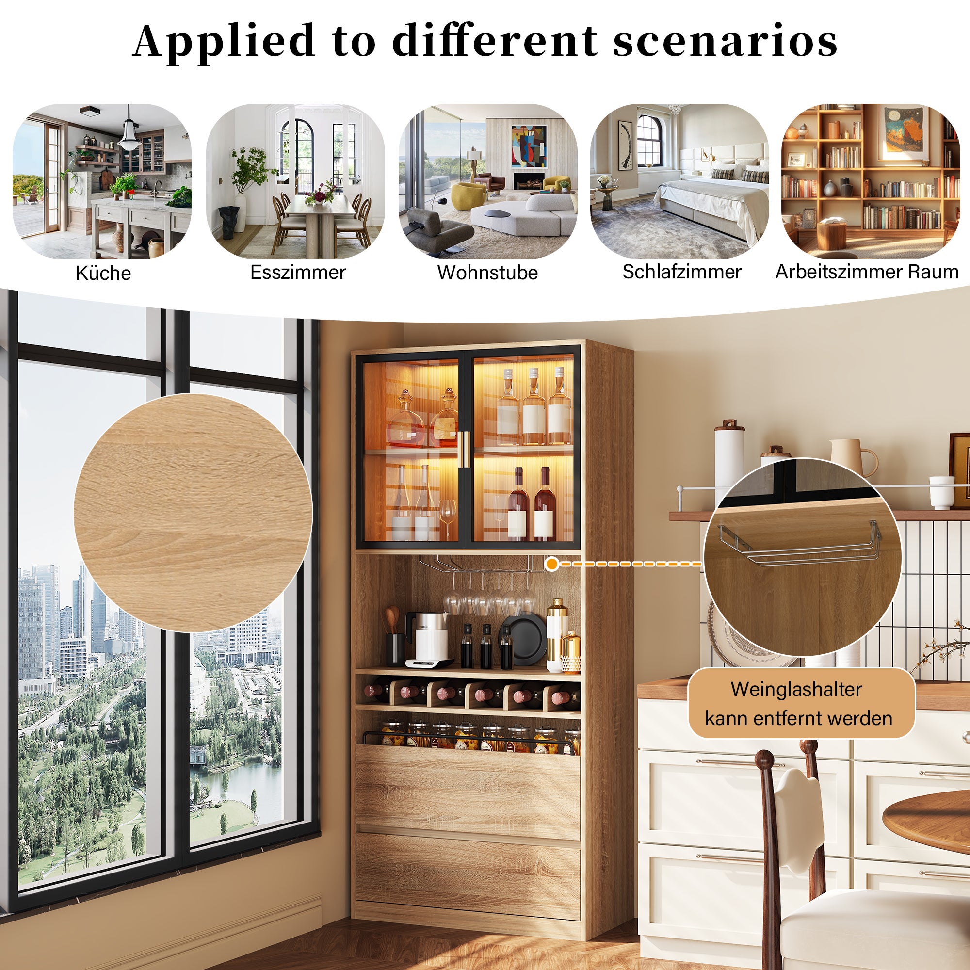 Vitrine avec 2 portes en verre et 2 tiroirs - 80 x 40 x 180 cm - LEDs - Bois MDF - Naturel - 8