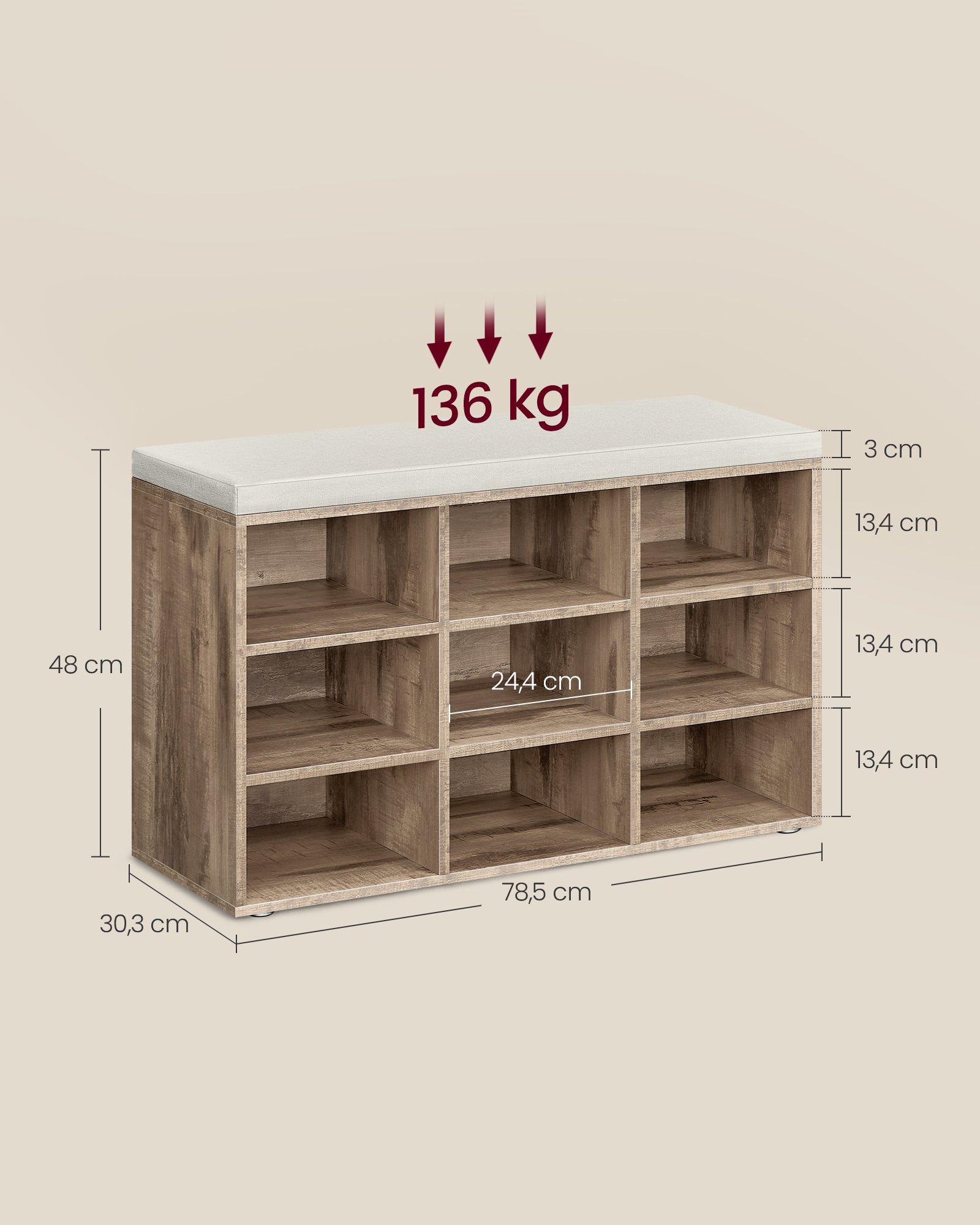 Banc à Chaussures, Assise Rembourrée et 9 Compartiments, Étagère Porte-chaussures, Capacité de Charge 136 kg, Marron Camel - 5