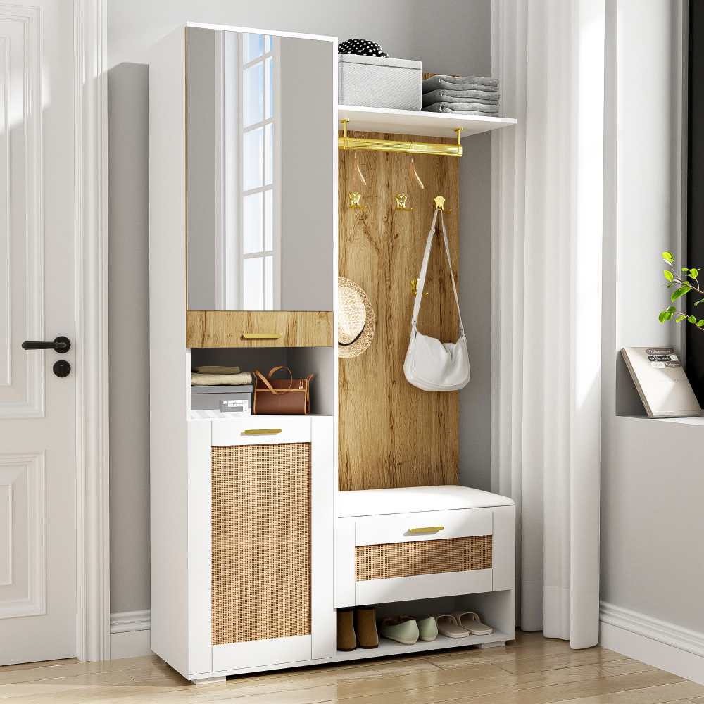 Ensemble de garde-robe moderne Bois et blanc avec miroir, LED, meuble à chaussures et banc - 7