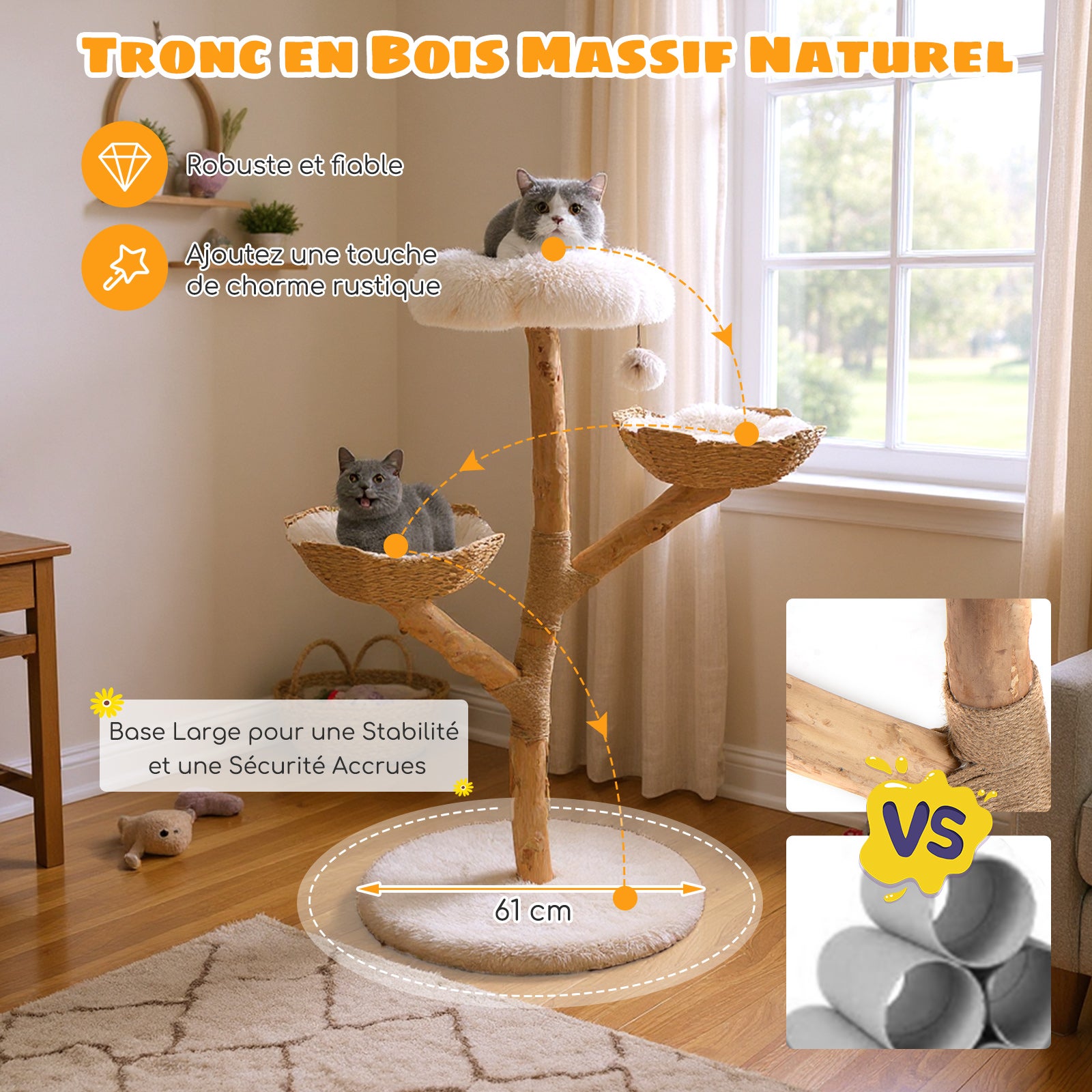 Arbre a Chat XXL 122 cm, Arbre a Chat en Bois Massif, 2 Paniers en Rotin, 2 Plateformes, Poteau à Griffer en Jute, Tour pour Chaton, Pompon Suspendu - 8