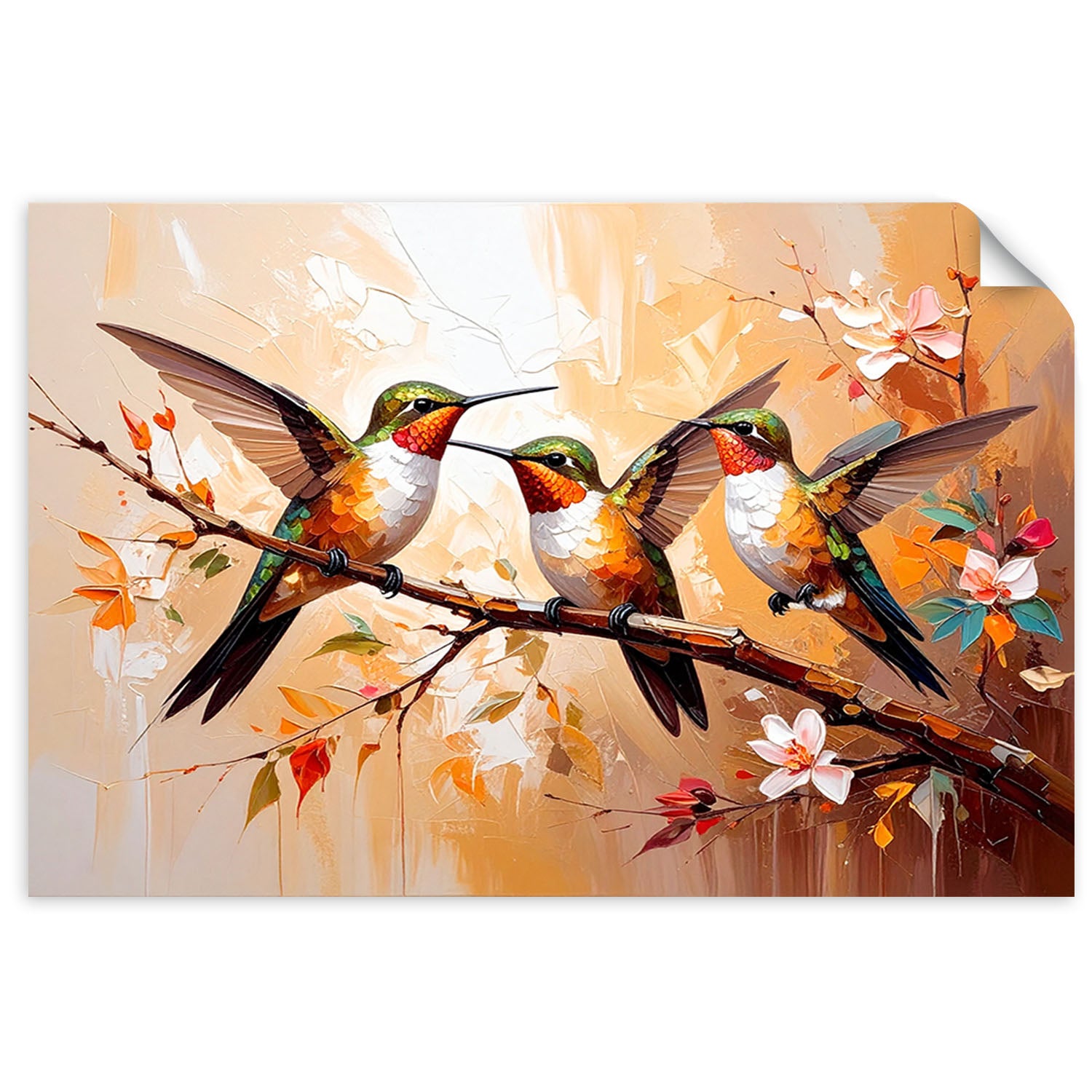 Naklejki samoprzylepne do salonu sypialni, Kolorowe Kolibry Ptaki na beżowym tle 60x40