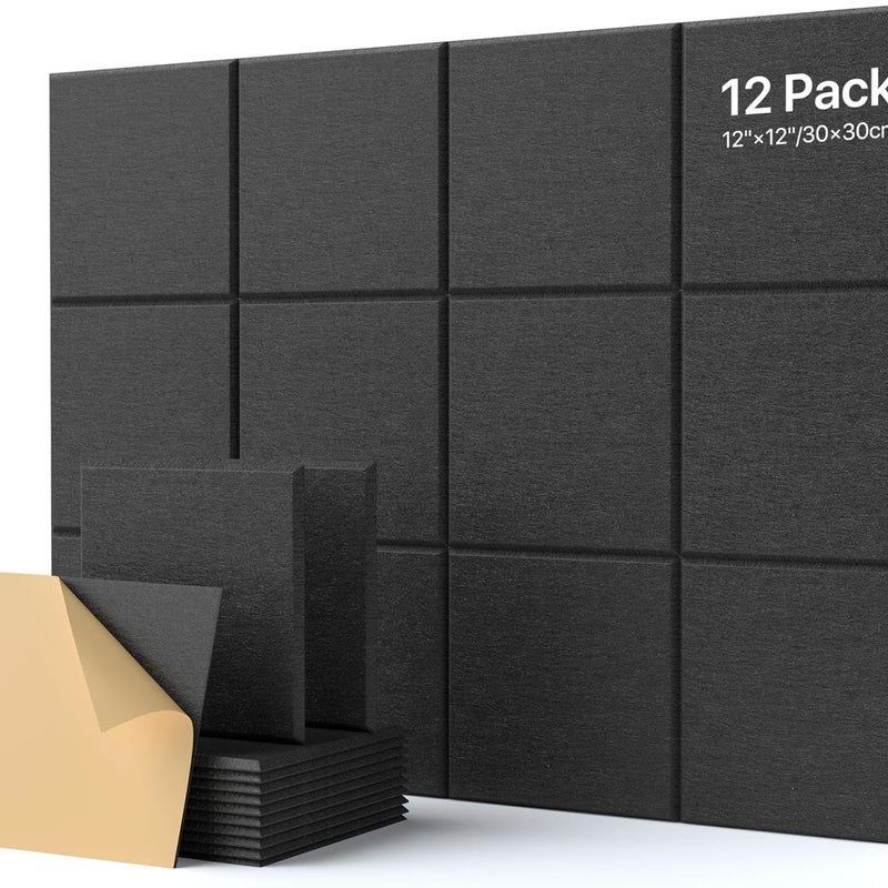 12x samoprzylepne panele akustyczne z pianki 30 x 30 x 0,9 cm Czarne, panele redukujące hałas, panele akustyczne o wysokiej gęstości do adaptacji akus