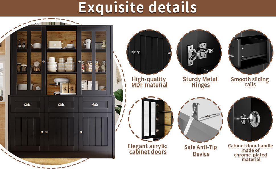 Buffet de cuisine avec 5 portes, 3 tiroirs et étagères de rangement, vitrine - 140 x 38.5 x 175 cm - MDF - Noir + naturel - 8