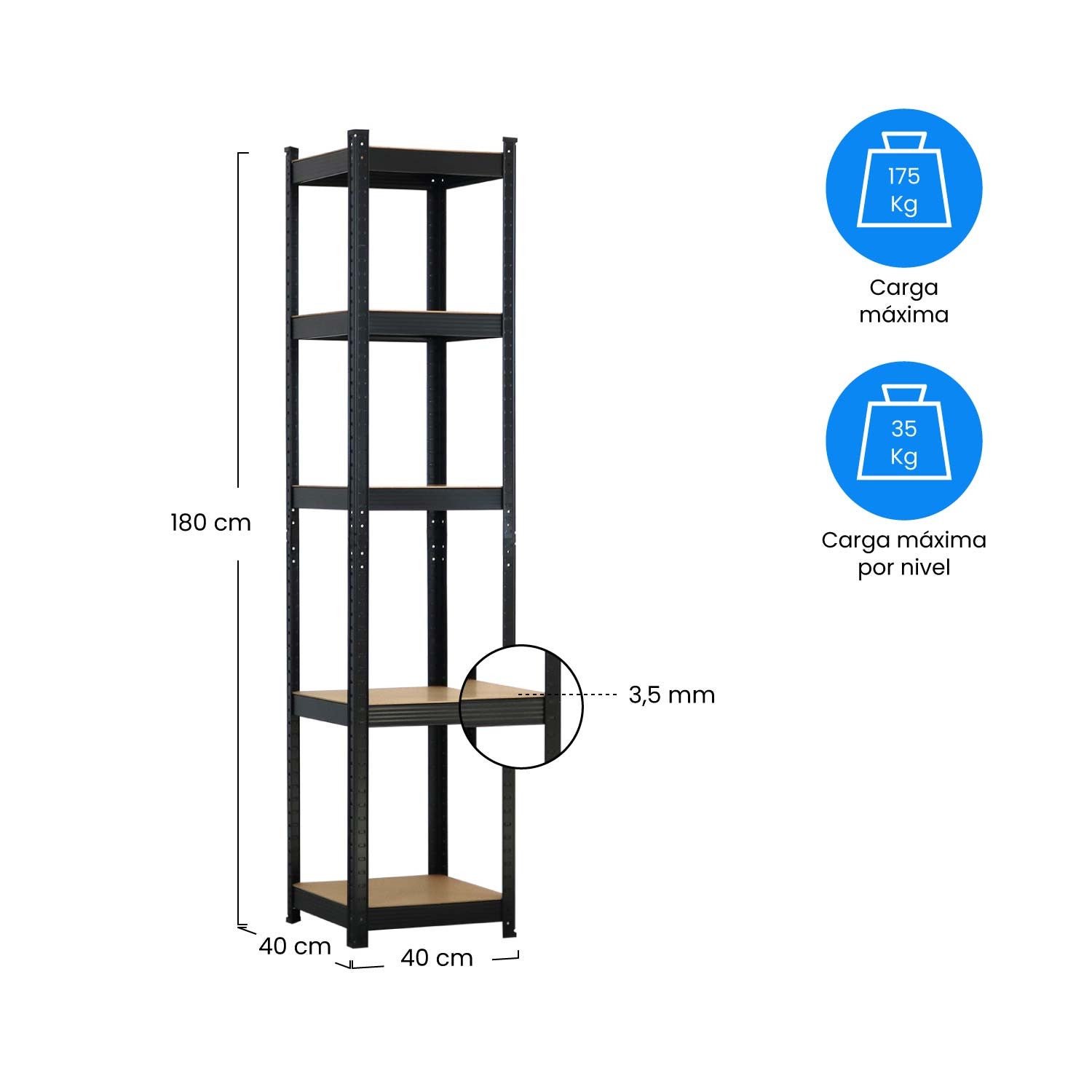 Etagère Modulaire avec 5 Etagères Ajustables 180x40x40cm Noir 175Kg Thinia Home - 6