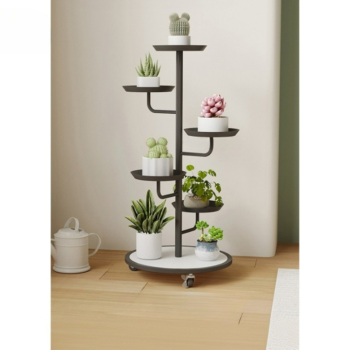Mobilna żeliwna półka na rośliny, wielopoziomowy stojak na doniczki, czarny, 5 doniczek