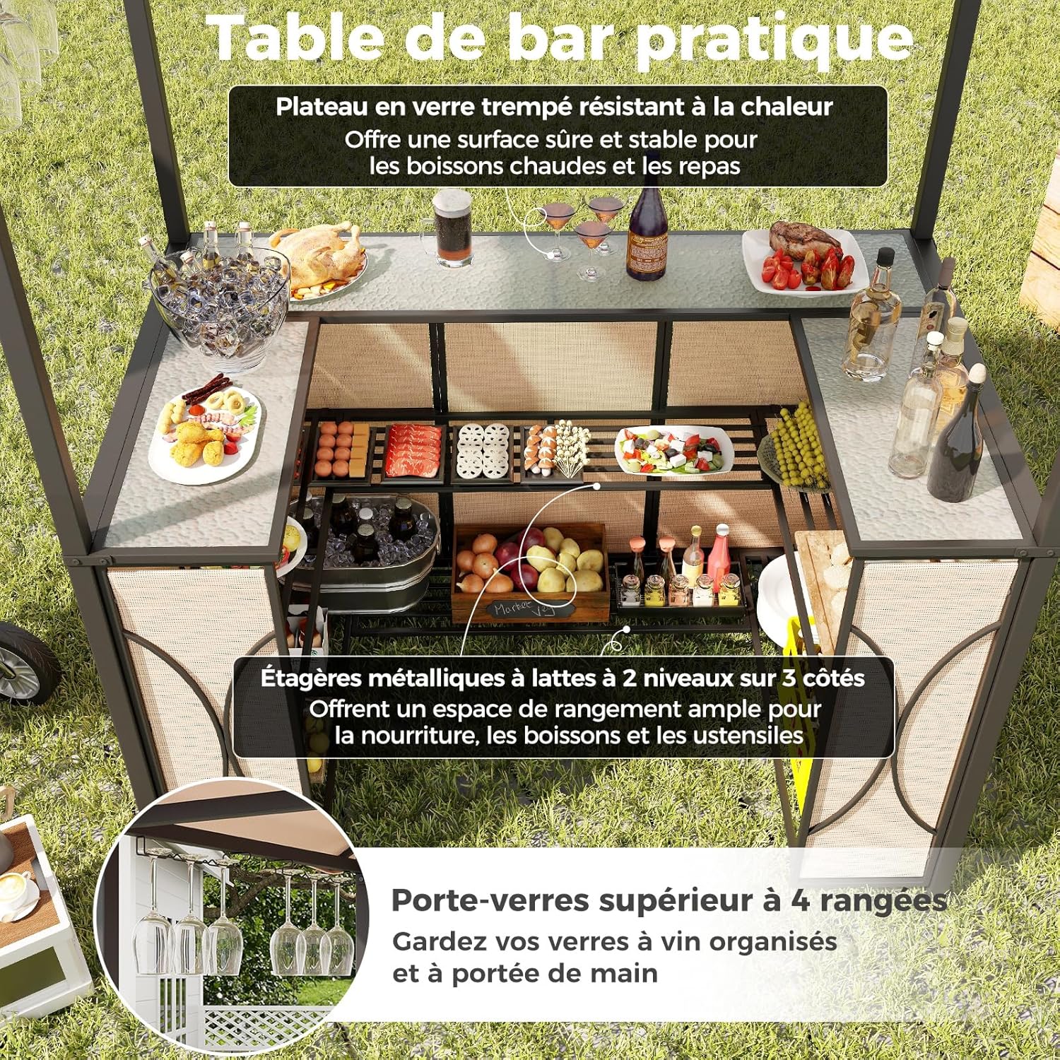 Set Bar da Patio a 3 Pezzi, Gazebo per Griglia e 2 Sgabelli da Bar con Tavolo in Vetro Temperato, Ripiani in Metallo, Portabicchieri, per Giar - 7