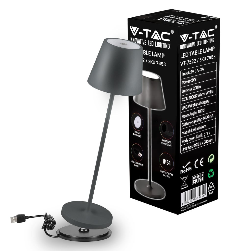 Lampa stołowa LED 2W w kolorze szarego aluminium z ładowarką bezprzewodową i funkcją ściemniania dotykowego 3000K IP54