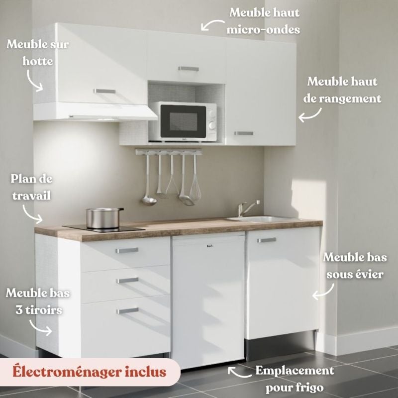 Kitchenette K20L-PT - 180 cm - plan stratifié, évier inox, électroménager inclus - 3