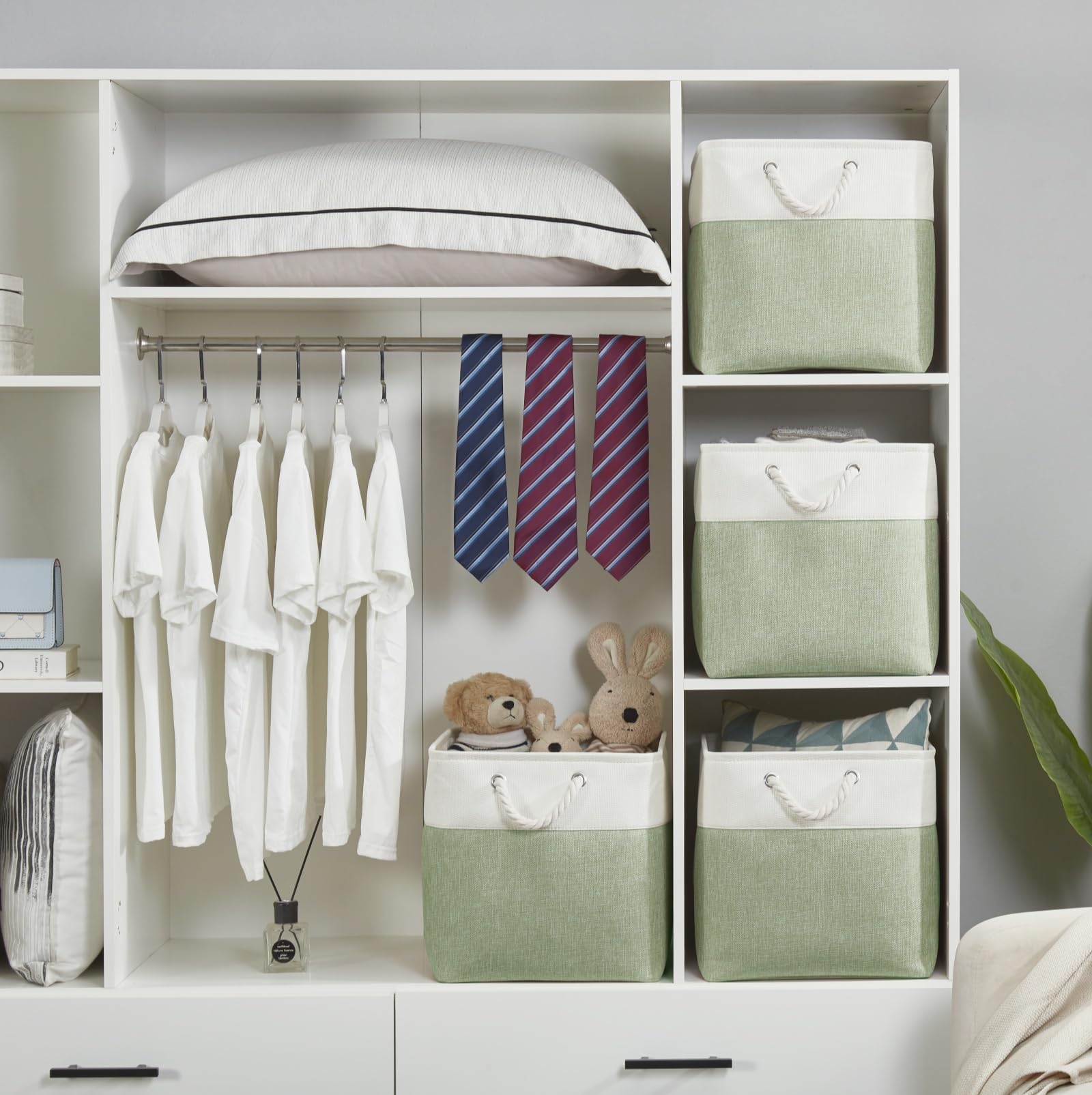 Lot de 3 cubes de rangement en tissu pour chambre d'enfant, placard, jouets, 28 x 28 x 28 cm (vert/blanc) - 7