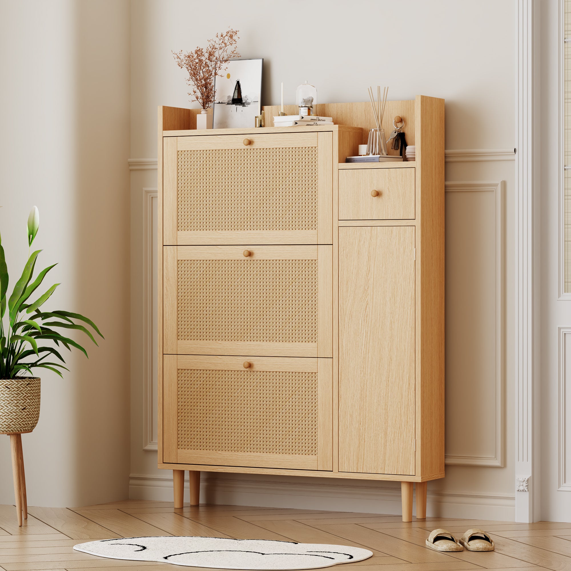 Meuble à chaussures en bois et rotin - 3 portes basculantes et 1 tiroir, naturel - 2