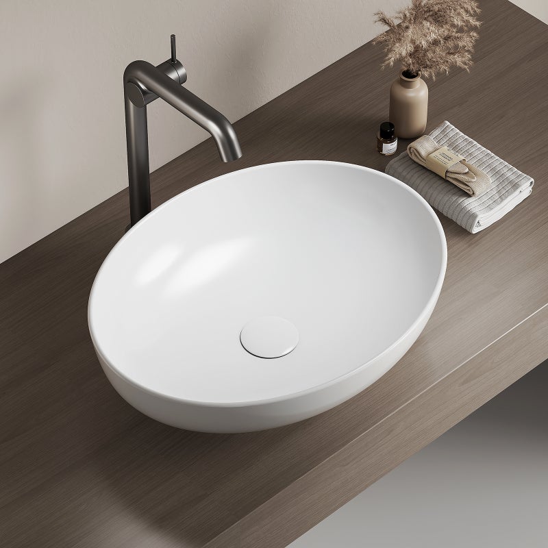 EMKE Umywalka nablatowa 52x39.5x13 cm, Owalna Umywalka ceramiczna łazienkowa, brylantowa biel