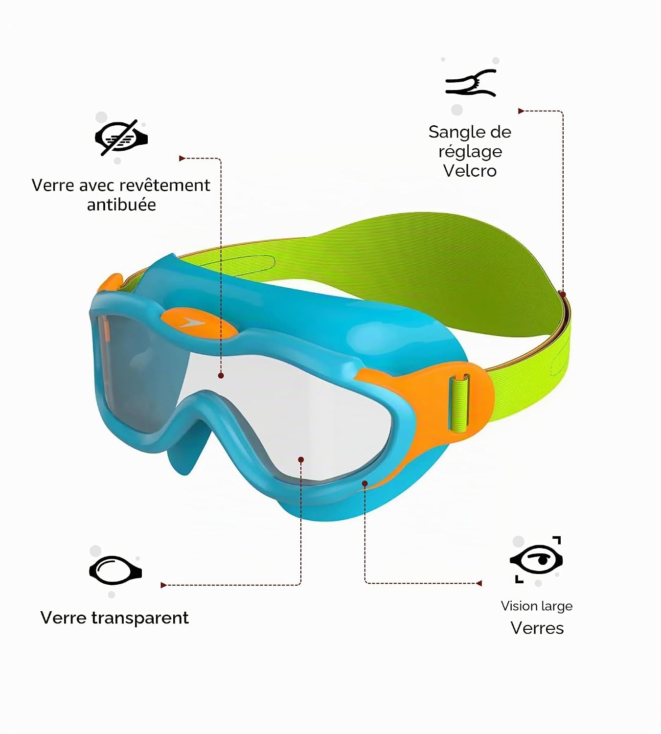 Versión en español — lunettes de natation masque biofuse sea squad | protection uv | antibuée | tenue ajustable | couleurs vives