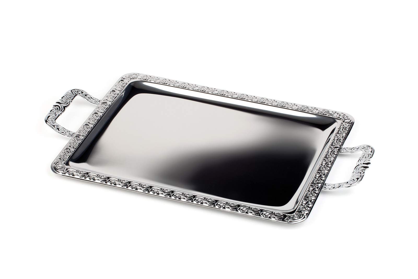Vassoio In Acciaio Inox APS Schöner Essen - 75x44,5 Cm, Bordo Decorato, Manici Zinco, Per Buffet