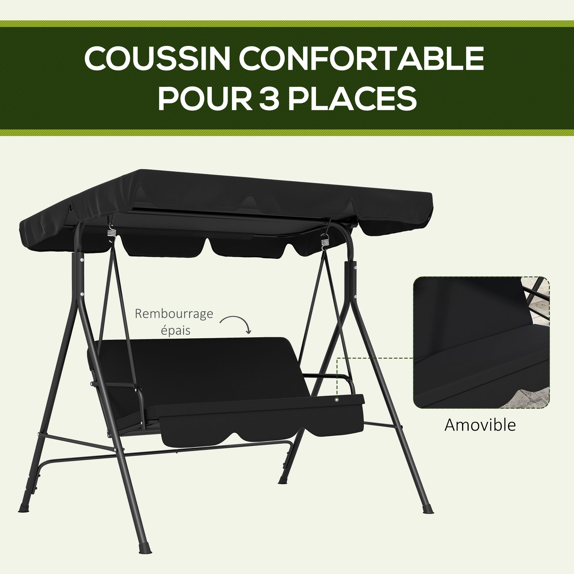 Balancelle de jardin acier 3 places Outsunny noir - 7