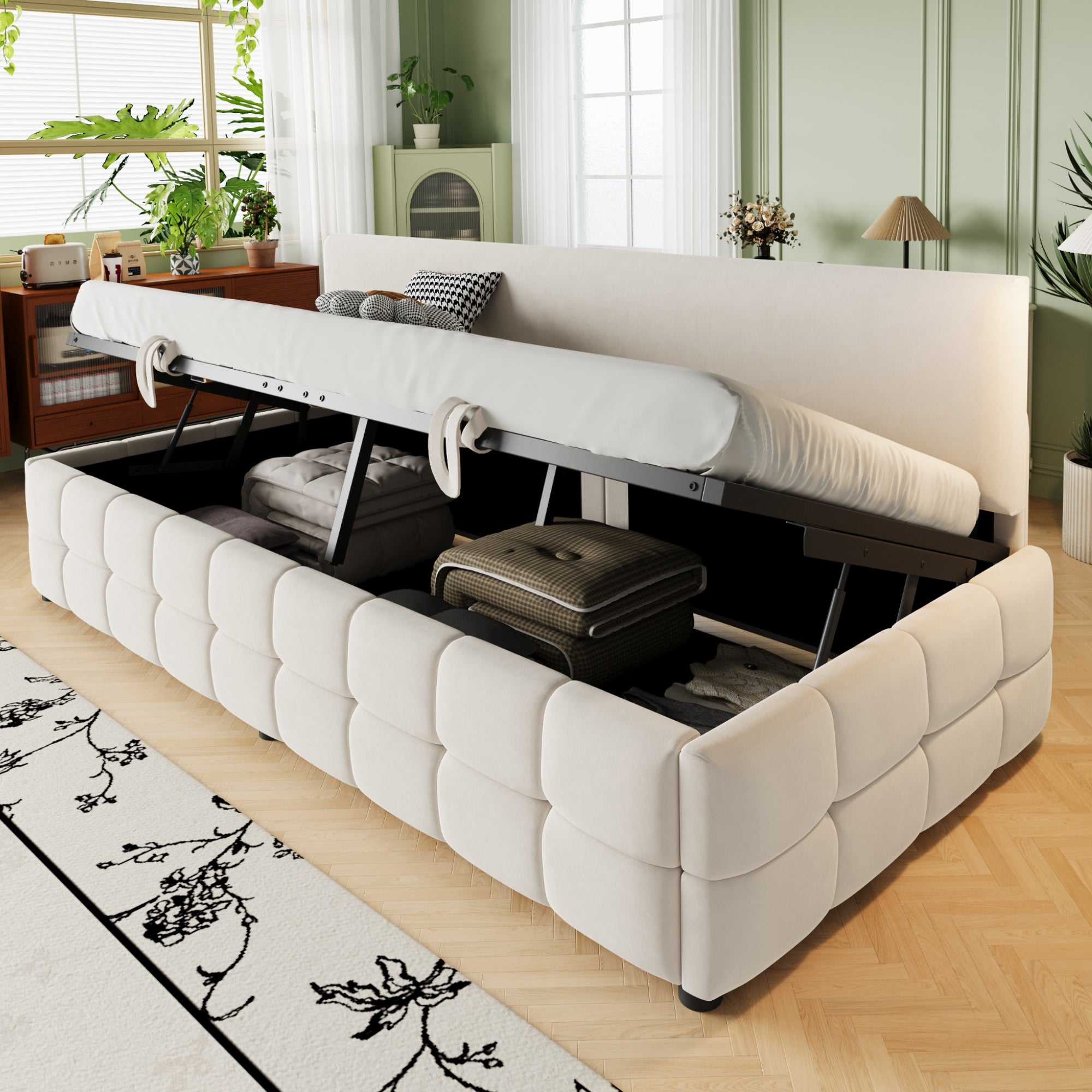 Sofabett Einzelbett 90x200 cm z hydraulickým skrytą komorą - Samt, Beżowy, bez ramion