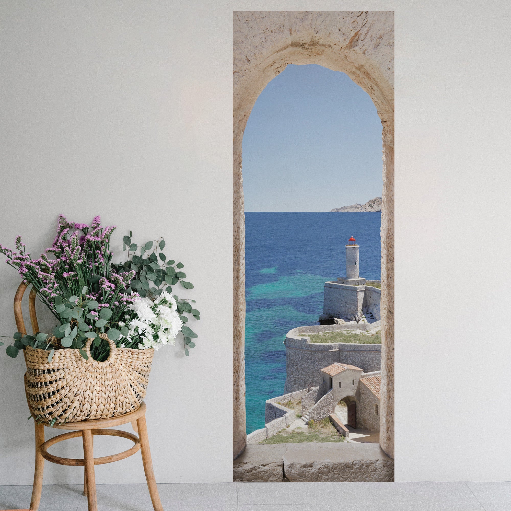 Pegatina decorativa de puerta, foto de un pintoresco pueblo junto al mar, 175 cm x 60 cm